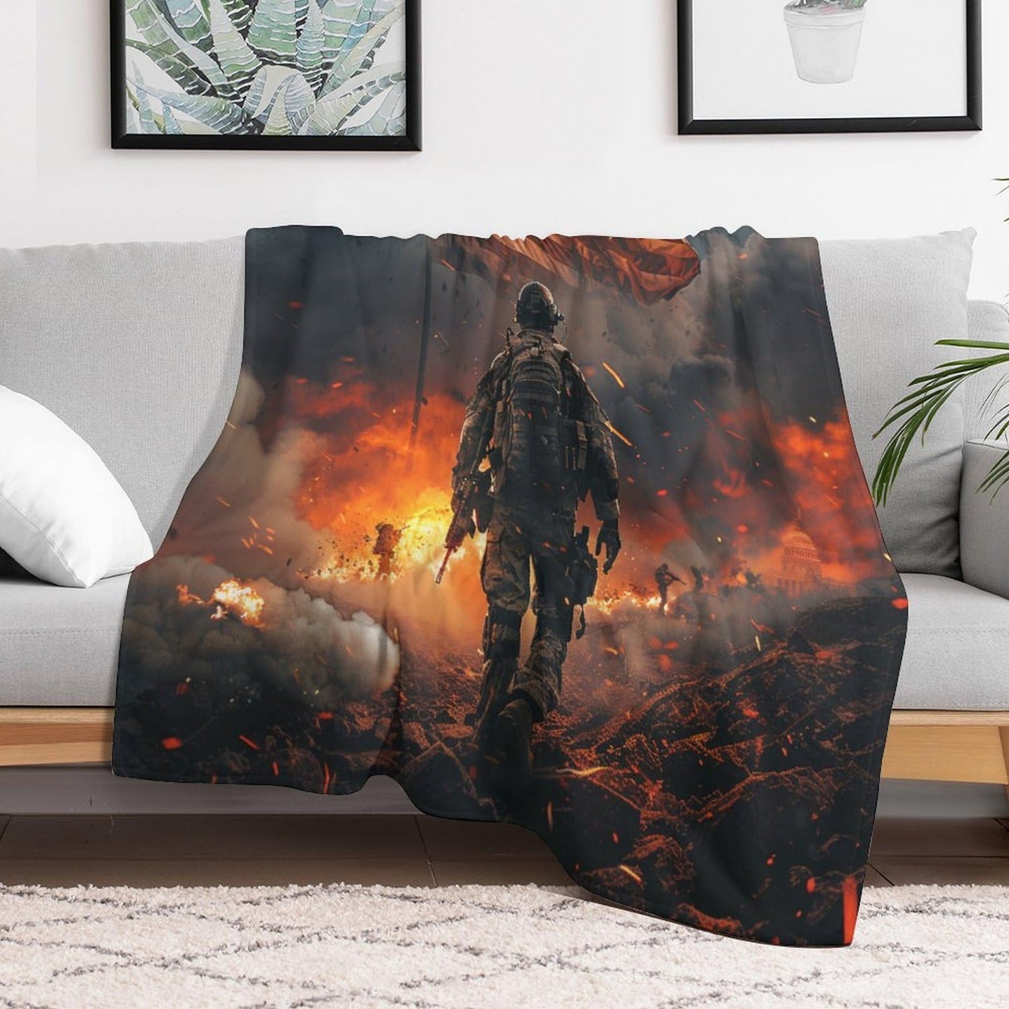 TOWINSFB American Flag Soldier Flannel Throw Blanket, Soft Lightweight Cozy Warm Vintage Military War Theme Blanket for Couch Bed Travel- 30"x40"