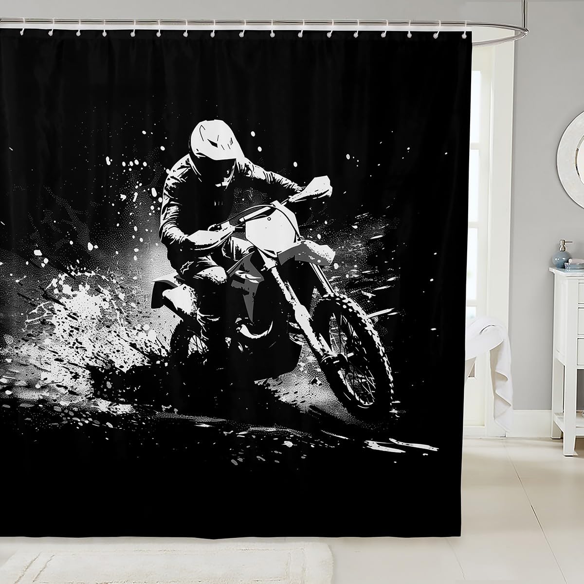 Feelyou Dirt Bike Shower Curtain 72"x72" Extreme Sports Bath Curtain Waterproof Racing Motocross Rider Bathroom Shower Curtain Set for Kids Boys Girls Motorcycle Kids Bathroom Accessories Motorbike