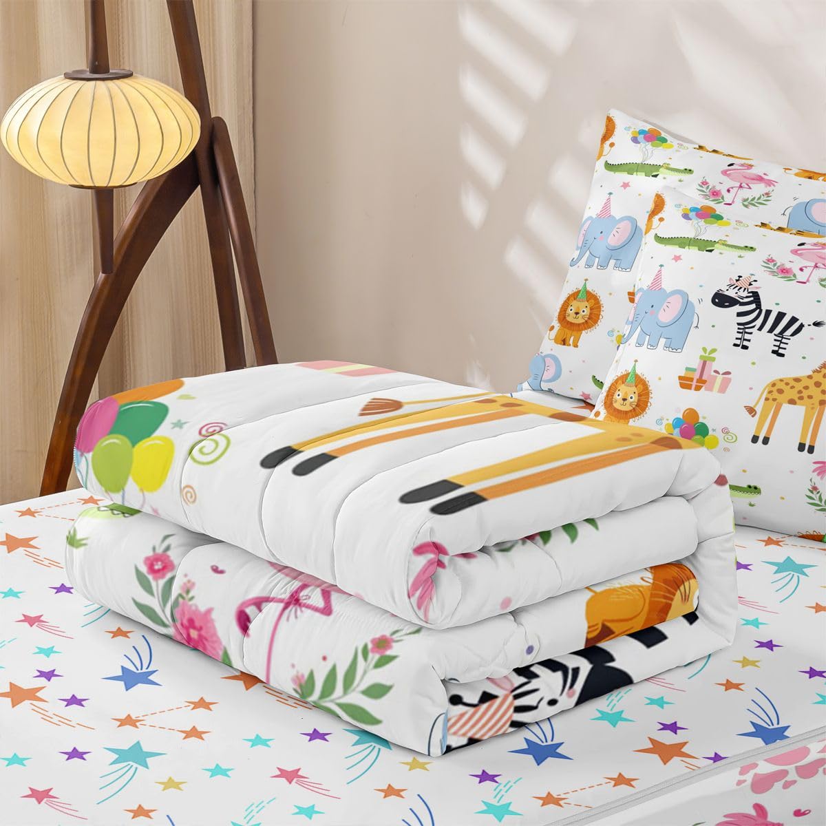 Erosebridal Party Animals Zip Up Comforter Set Nursery Funny Cartoon Wild Animals Twin Zipper Bedding Kids Flamingo Giraffe Elephant Zebra Crocodile Bed Set with Sheets Love Heart Floral Bed in a Bag