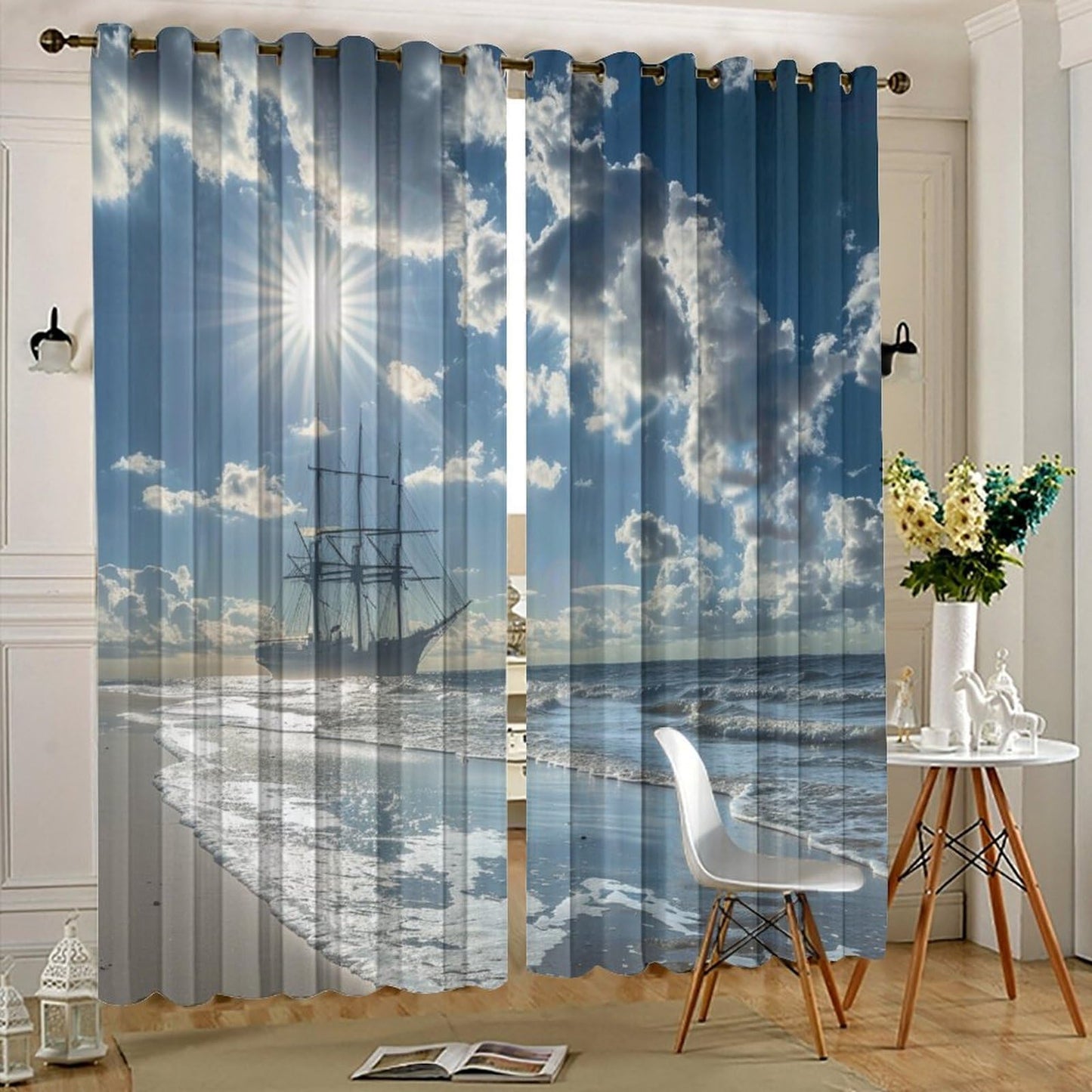 TOWINSFB Classic Ocean Sailboat Blackout Curtains for Bedroom/Living Room, Nature Sky Cloud Beach Grommet Curtains Thermal Insulated Window Drapes, 2 Panels, Each 21W x 63L