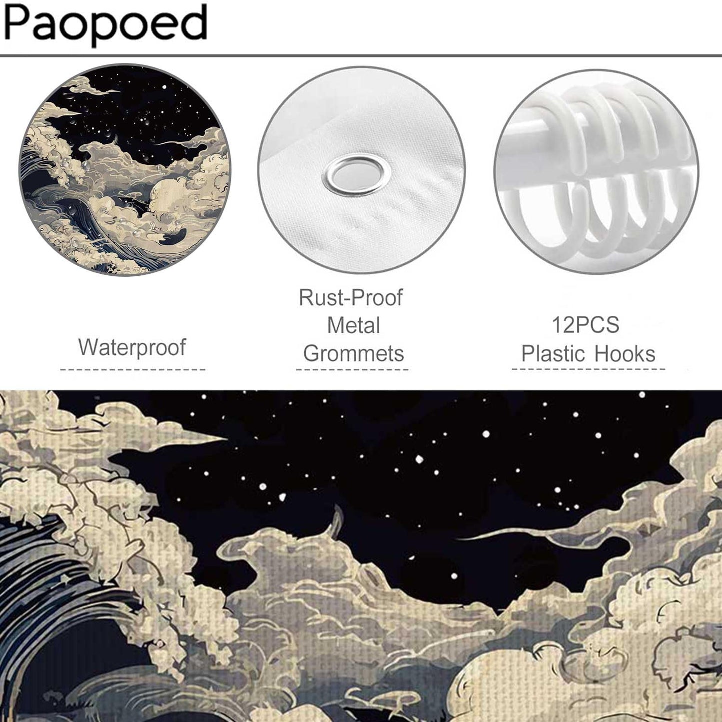 PAOPOED Anime Shower Curtain, Waterproof Fabric Bathroom Curtain with Hooks, 72 x 72 Inch, Japanese Wave Artistic Bathroom Decor