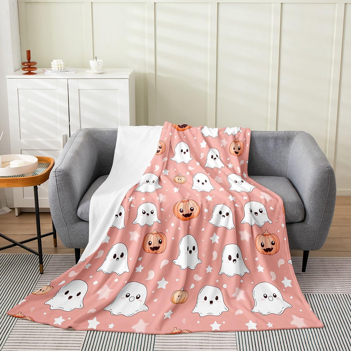 Feelyou Ghost Fleece Throw Blanket Halloween Themed Flannel Blanket Plush Fuzzy Trick or Treat for Bed Couch Chair Living Room Soft Pink Throw 50"x60" Spooky Pumpkin Bedroom Decor