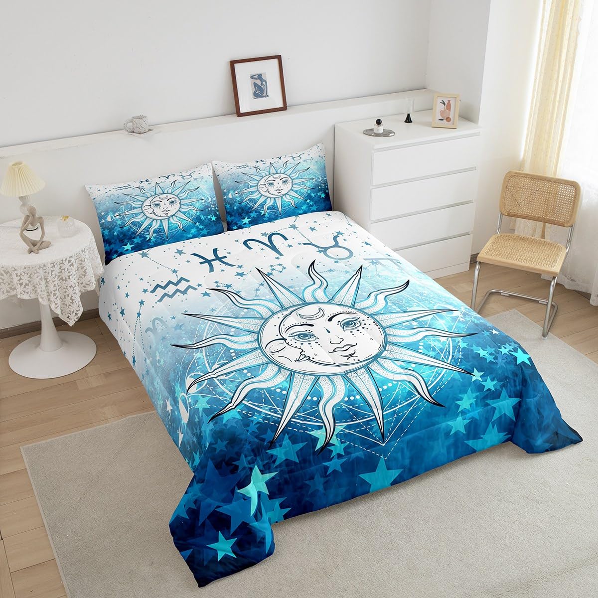 Manfei Sun and Moon Comforter Set Twin Size Blue Stars Print Bedding Set 2pcs for Kids Boys Girls Room Decor, Outer Space Galaxy Theme Quilt Set Boho Exotic Duvet Insert with 1 Pillowcase