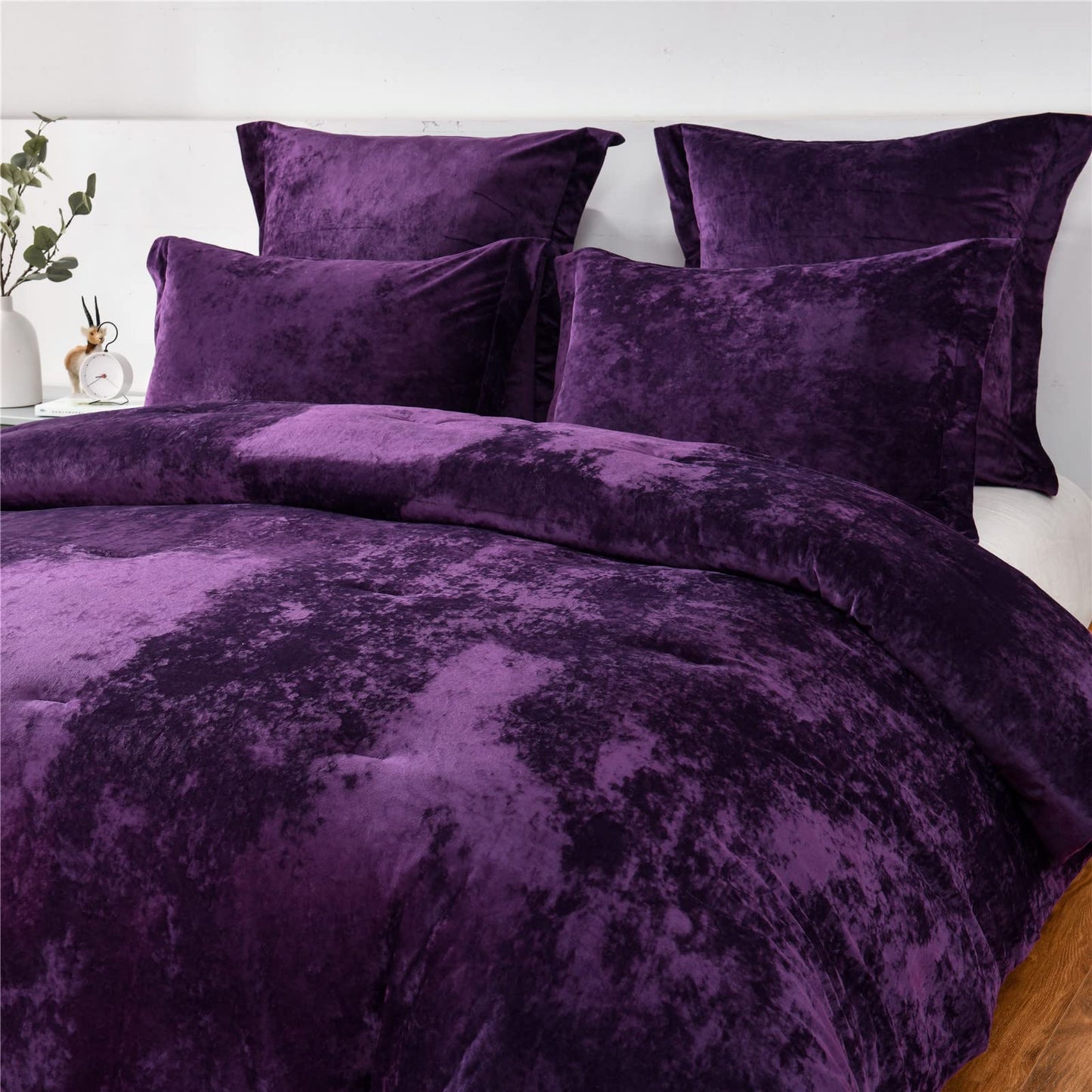 Sunshine Nicole Distressed Velvet Comforter Set, Distressed Velvet Face and Brushed Solid Microfiber Reverse, with Light Weight Soft Poly Fill, 5 Pieces Purple, King