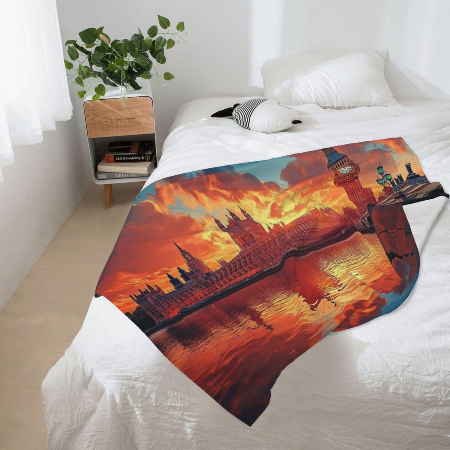 CDSASHCA Ultra-Soft Micro Fleece Blanket,London Skyline At Sunset With Big Ben,Thames Reflection Art,Lightweight Warm For Couch Bed,Hypoallergenic Anti-Pilling,Machine-Washable Travel Decor 50X60 Inch