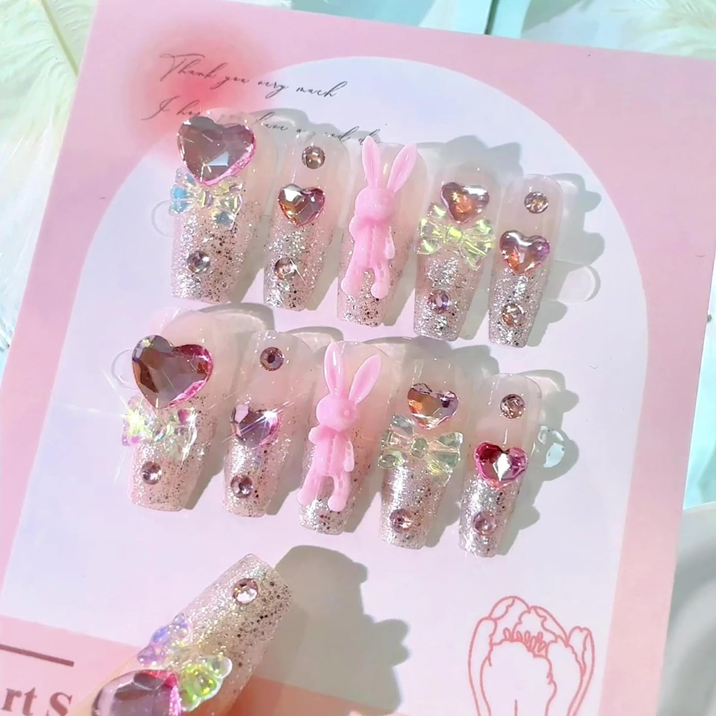 SINHOT Luxury Press on Nails - Long Coffin Fake Nails 3D Handmade Rabbit & Pink Heart Reusable False Nails with Rhinestone Designs,DIY Artificial Nail Art, 24pcs