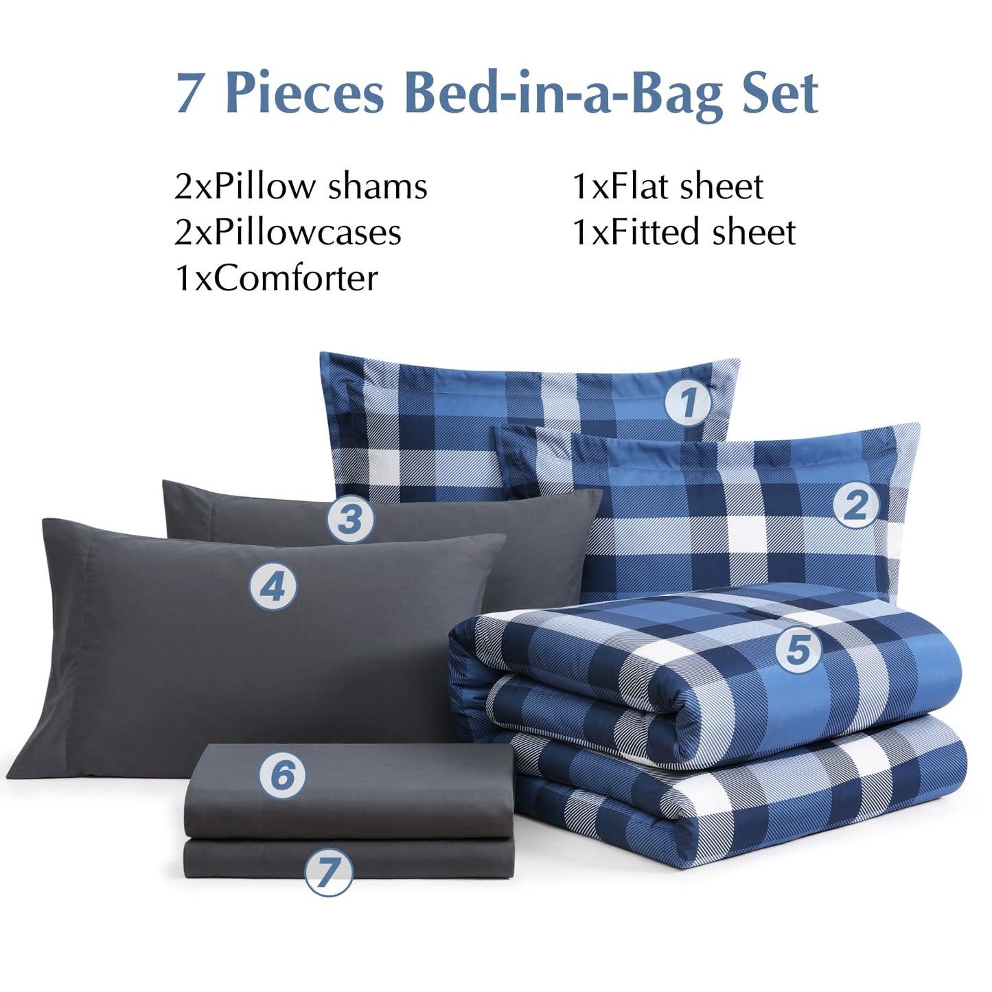 MaiRêve Queen Size Plaid Comforter Set Indigo Blue, Classic Checkered 7 Pieces Farmhouse Bedding Set, All Season Lightweight Bed in A Bag with Sheets, Pillowcases & Shams