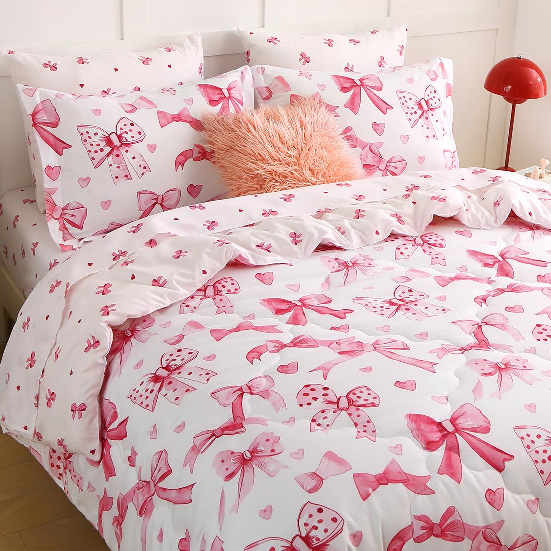 Gusuhome Girls Bow Comforter Bedding Set Twin Size 7 Piece Pink Reversible Bowknot Comforter Set Bed in A Bag for Kids Teens All Season (Comforter,Flat Sheet,Fitted Sheet and Pillow Sham)