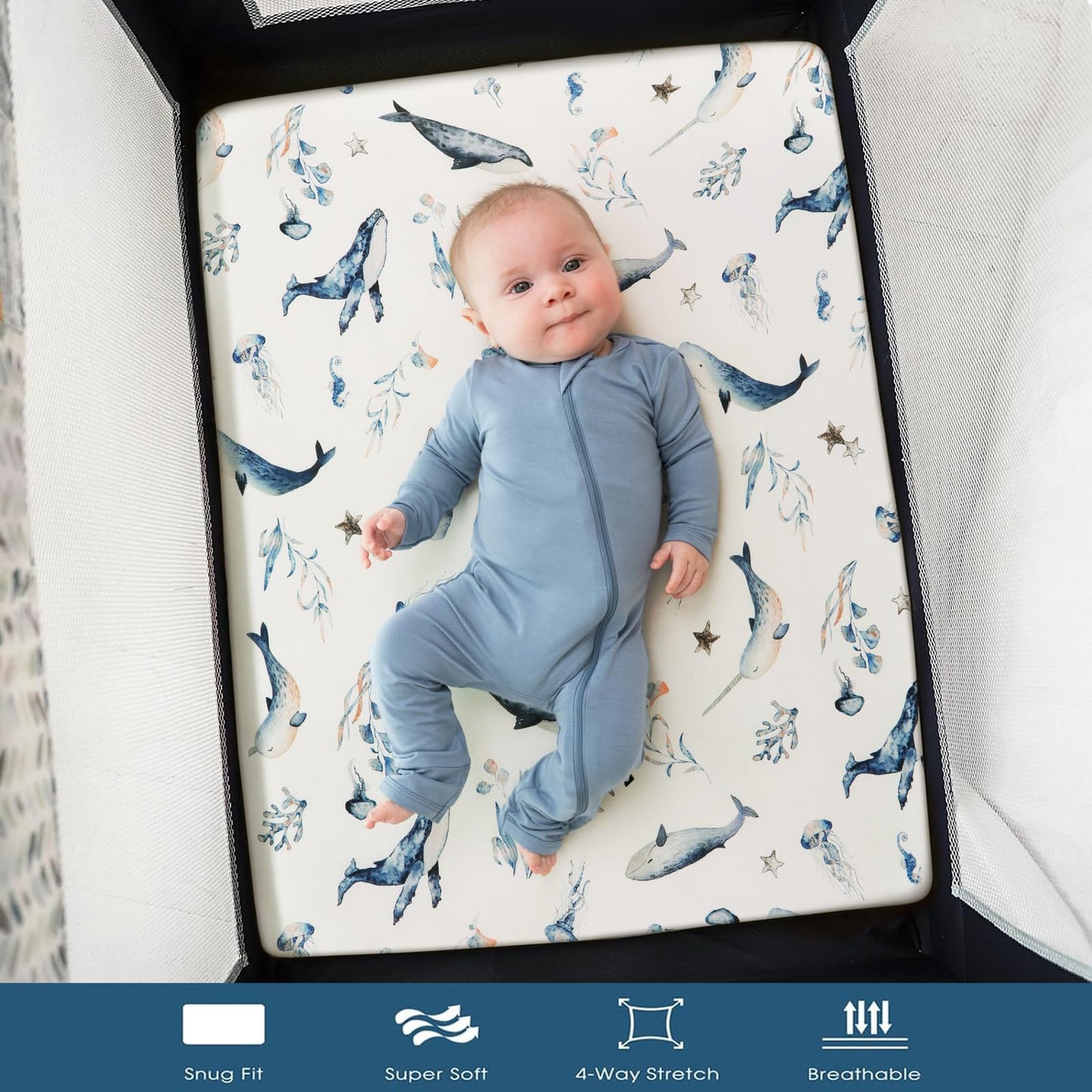 GRSSDER Stretchy Ultra Soft Jersey Knit Pack and Play Sheets 2 Pack, Portable/Mini Crib Sheets Universal Fitted for Playpen Mattress Safe and Snug, Cute Sea Fish & Space Print