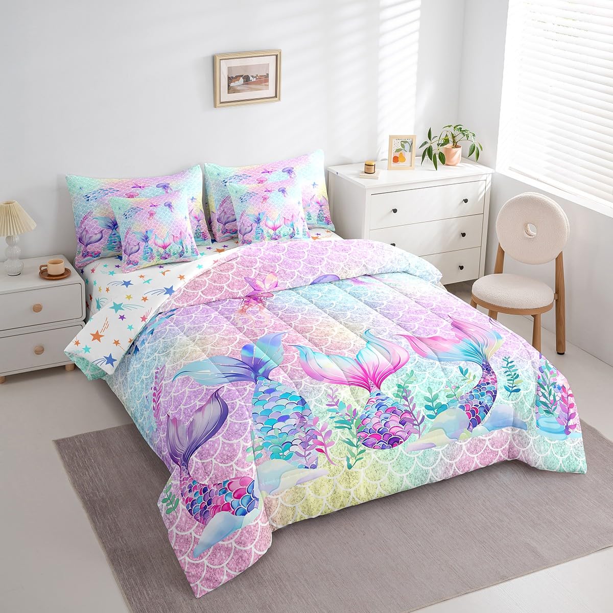 jejeloiu Mermaid Comforter Set with Sheets Queen Size Kids Sparkle Fish Scales 7 Pieces Bedding Set for Boys Girls Teens Ombre Ocean Marine Bed in a Bag Breathable Princess Decor Bedroom Decor