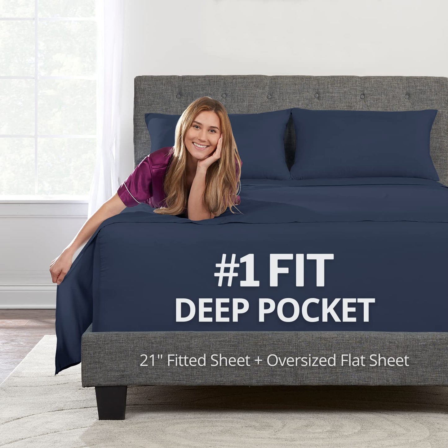 Extra Deep Pocket King Bed-Sheets – 4-Piece Includes: 18”-21” Inch Super Extra Deep Pocket Fitted Sheet – Oversize Flat Sheet – 2 Zipper Closure Pillowcases – Perfectly Fit – King Size – Navy Blue