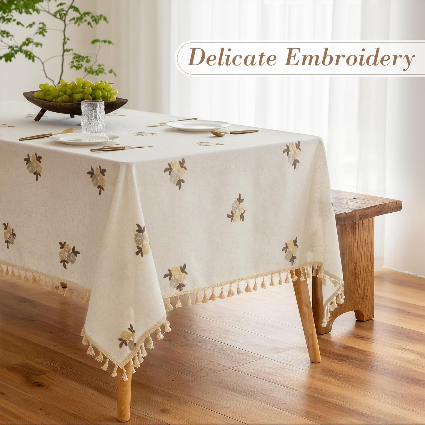 Cream Linen Tablecloth Rectangle 60 x 84 Inch Brown Floral Pattern Embroidered Table Cloth with Tassel Heavy Duty Neutral Vintage Farmhouse Thick Faux Burlap Table Cover for Dining Party Holiday