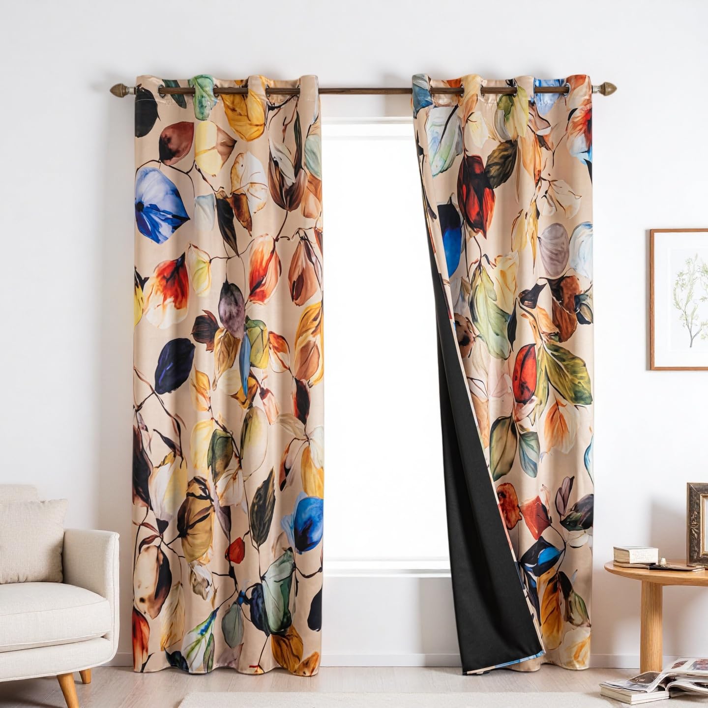 LW&SANHUO Black 100% Blackout Curtains 84 Inches Long for Bedroom 2 Panels Grommet Multicolor Yellow Leaves Print Patterned Black Out Curtains Room Darkening Thermal Insulated Window Drapes, 52Wx84L