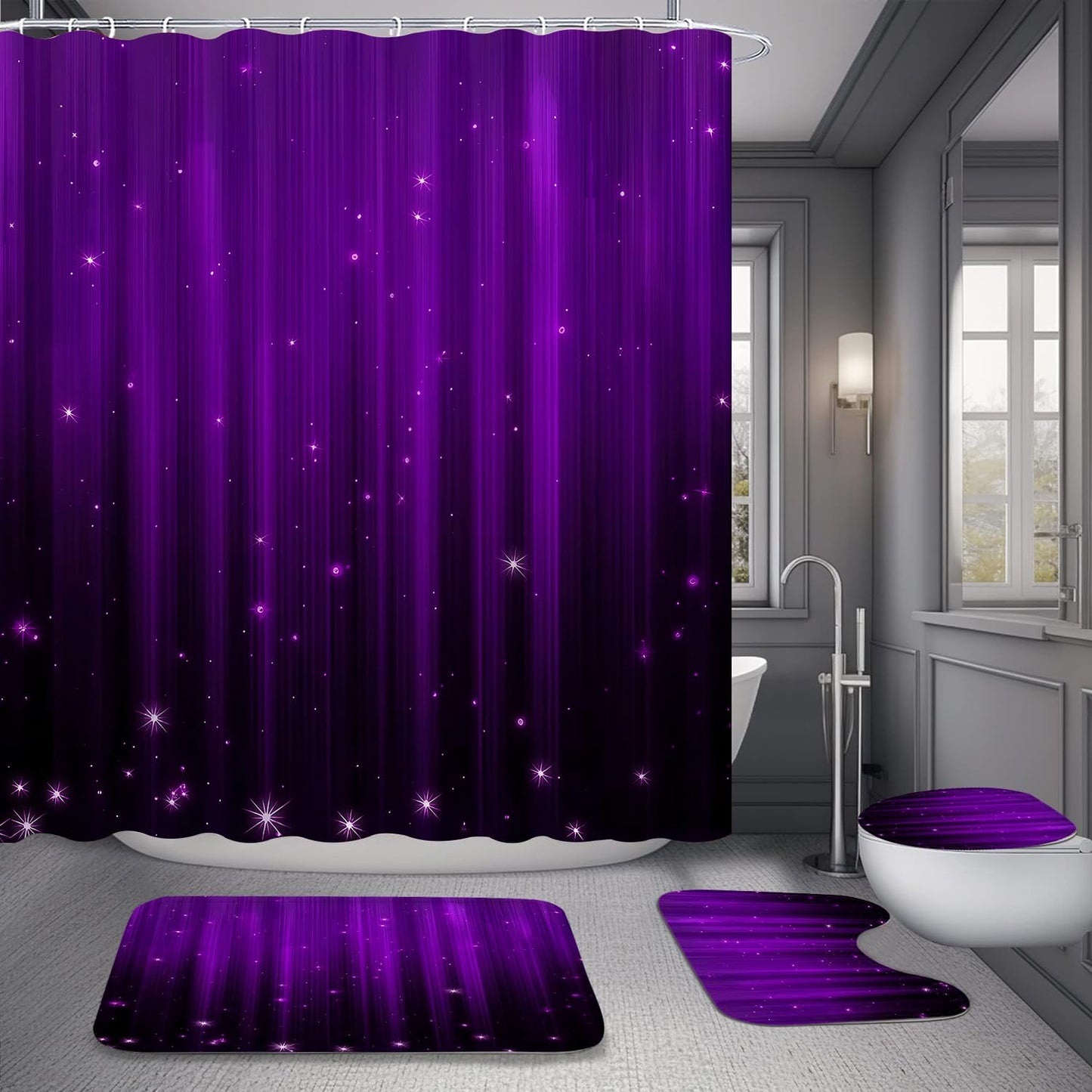 Yddsky 4 Pcs Purple and Black Shower Curtain Sets Non-Slip Rugs Bath Mat Toilet Cover, U-Shaped Mat, Gradient Shower Curtain with 12 Hooks, Black and Purple Bathroom Set