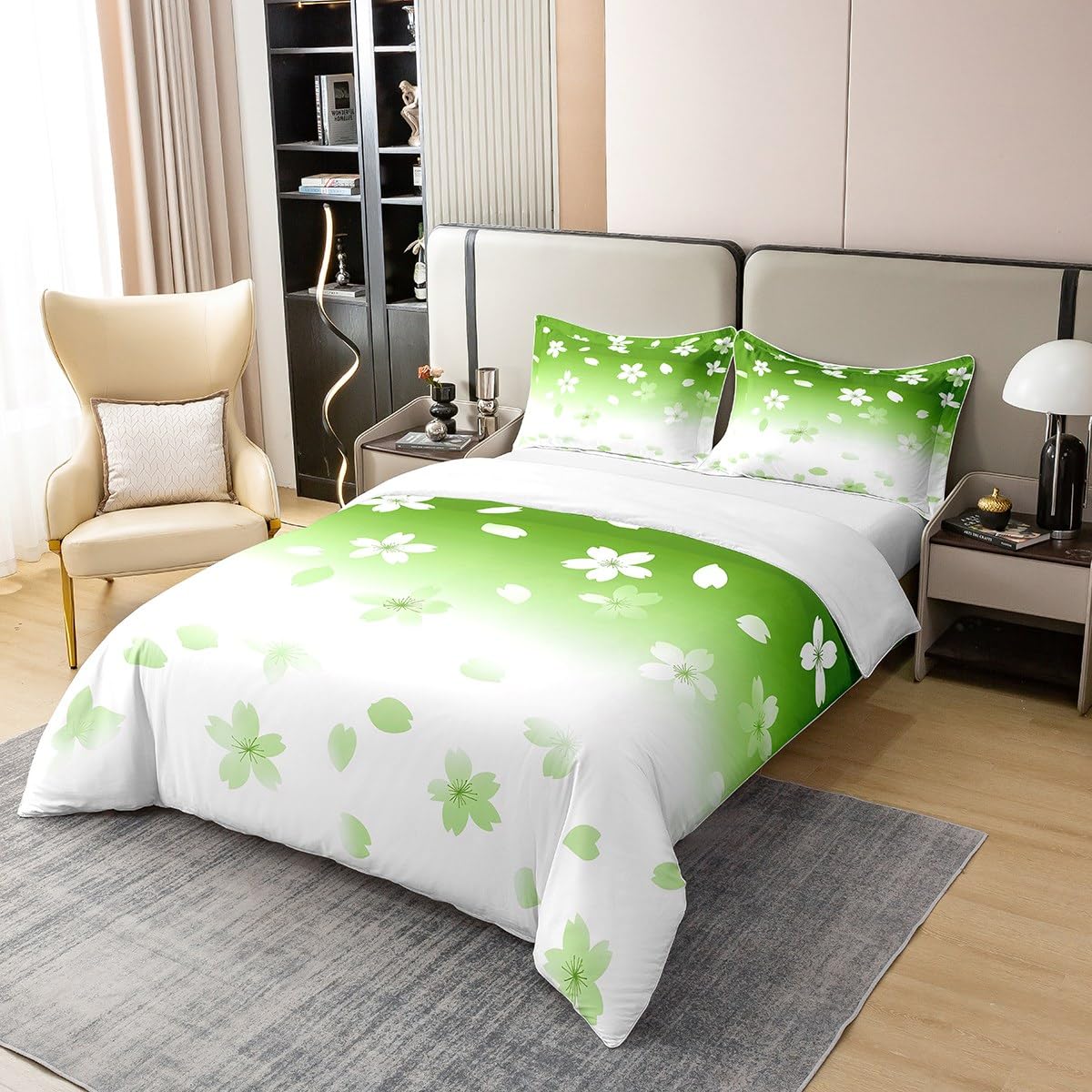 Erosebridal Sakura Duvet Cover Twin Size 100% Cotton Girls Japanese Style Comforter Cover Aesthetic Romantic Cherry Blossom Bedding Set for Kids Boys,Green White Ombre Bed Set