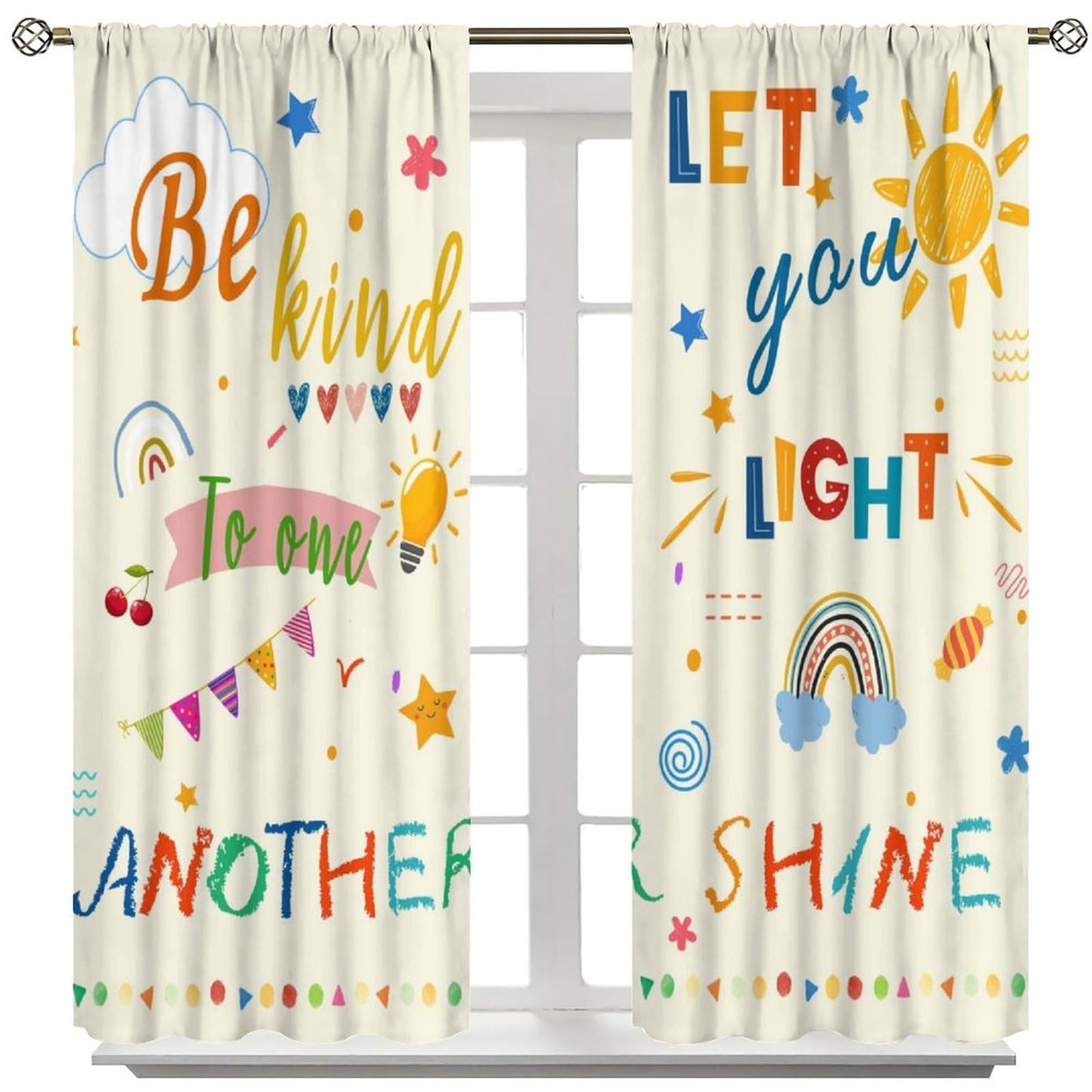 AAVEUP Cartoon Curtains for Kids,Colorful Early Childhood Learning Education Sun Rainbow Stars Cute Quotes Window Drapes for Nursery Boys Girls Bedroom Living Room 42x45in（No Blackout）