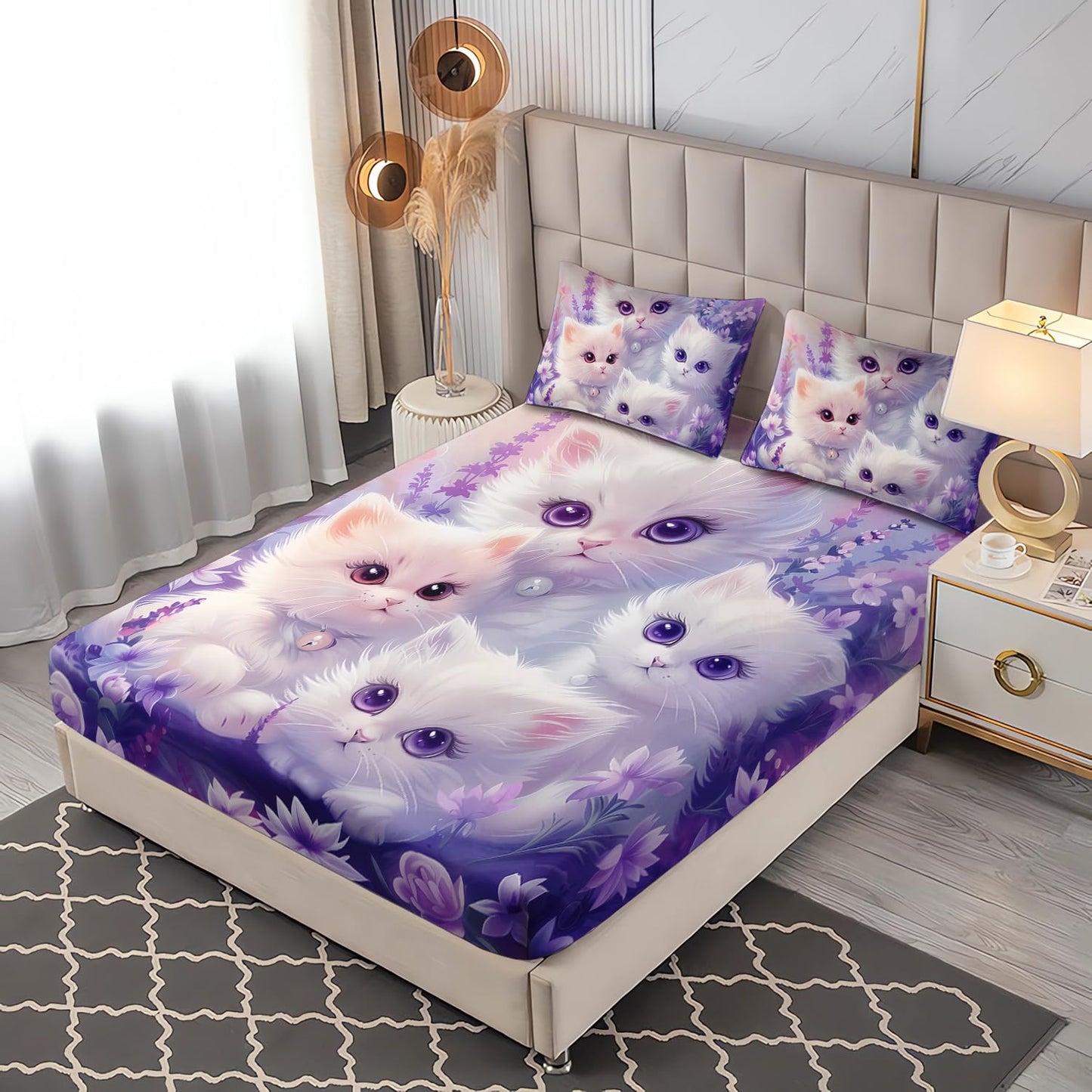 UEVBF Cat Fitted Sheet Toddler Bedding Set Twin Size,Floral Bedding Animal Themed Fitted Sheet for Kids Girls Bedroom Decor Aesthetic,Cute Kids Bedding Fitted Sheet,1 Fitted Sheet+2 Pillowcases.