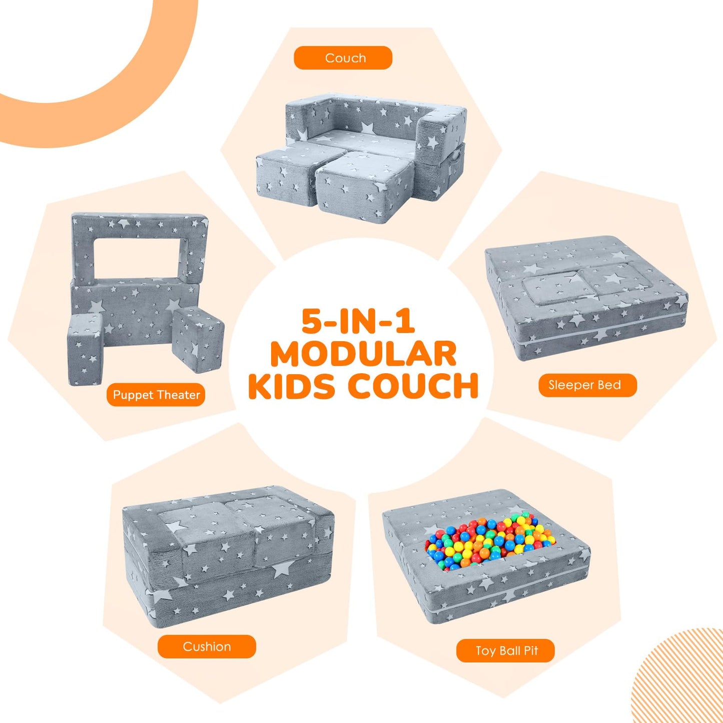 MeMoreCool Modular Kids Play Couch Sofa – Glow-in-the-Dark Star Design, Fold-Out Toddler Couch for Playroom Furniture, Grey