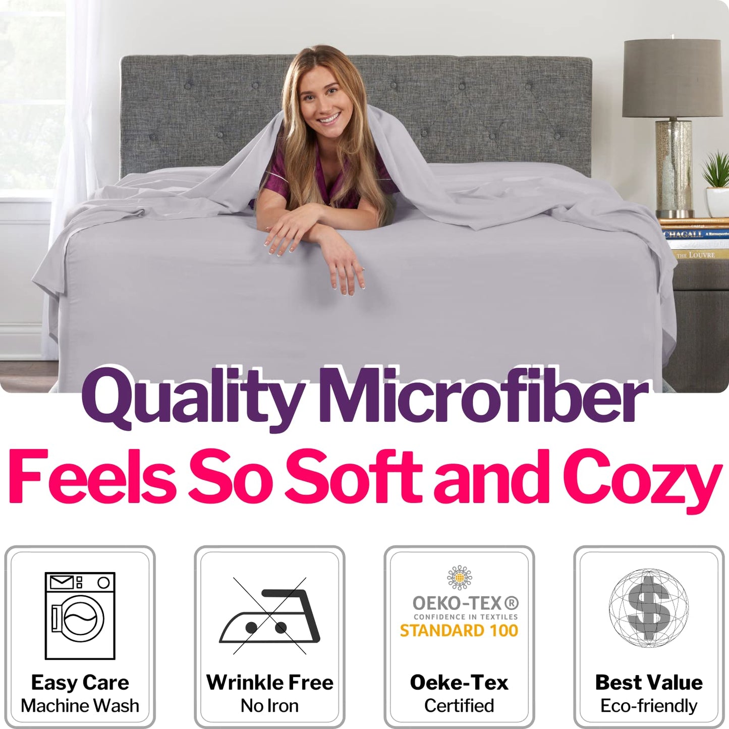Extra Deep Pocket King Size Sheets – 21” King Sheet Sets Deep Pocket – [4 Piece Set] King Bed Sheets Oversize Flat Sheet, Fitted Sheet, 2 Zippered Pillowcases – 18”–23” King Sheets – Grey Lavender
