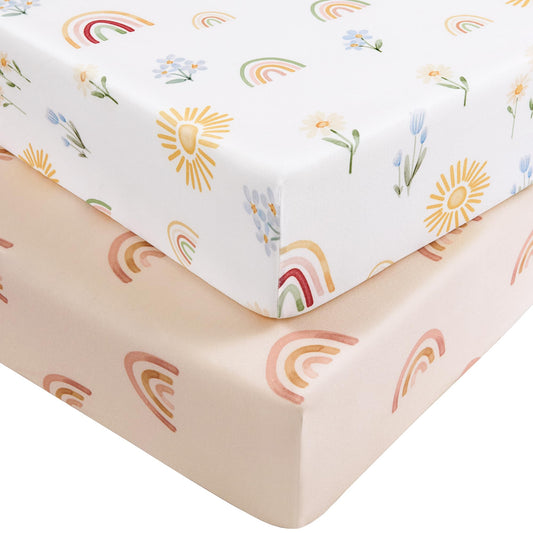 Nyessmee Baby Crib Sheets for Boys and Girls, Fitted Crib Sheets 52" x 28", Soft Breathable Microfiber Sheets for Standard Crib and Toddler Mattress, 2-Pack Orange Rainbow