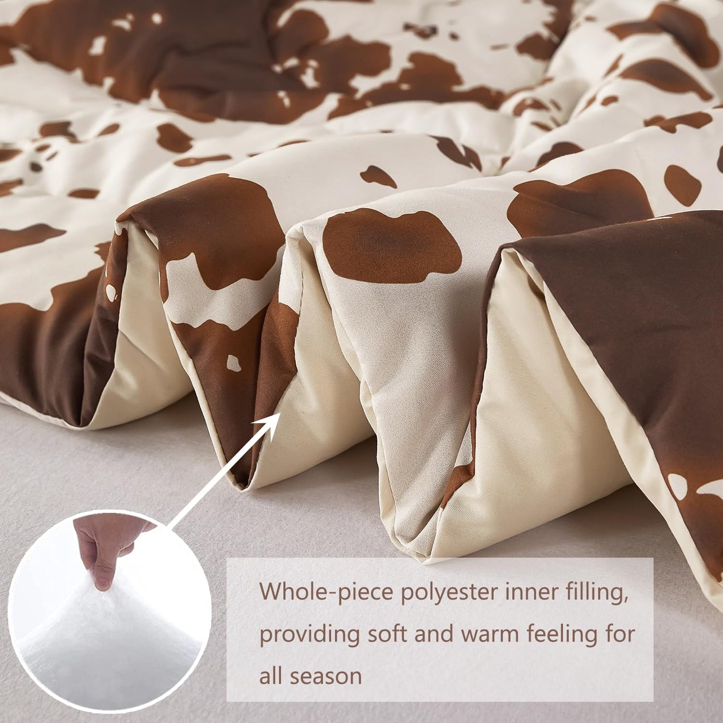PERFEMET 3 Pieces Cow Print Queen Comforter Set, Brown and Beige Teens Boys Girls Bedding Set, Farmhouse Western Comforter Set for Queen Size Bed (Beige,Queen)