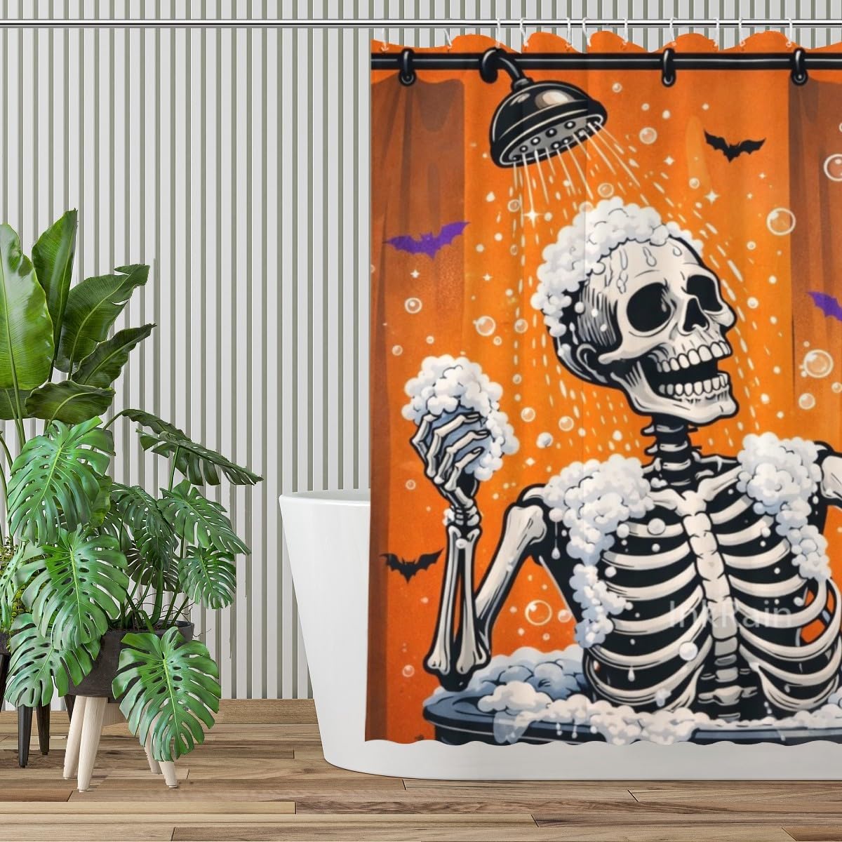 InkRain Halloween Skeleton Shower Curtain 60x72 Inch with 12 Hooks, Funny Spooky Skeleton Bathing Design, Waterproof Fabric Bathroom Curtain, Cute Goth Halloween Bathroom Decor