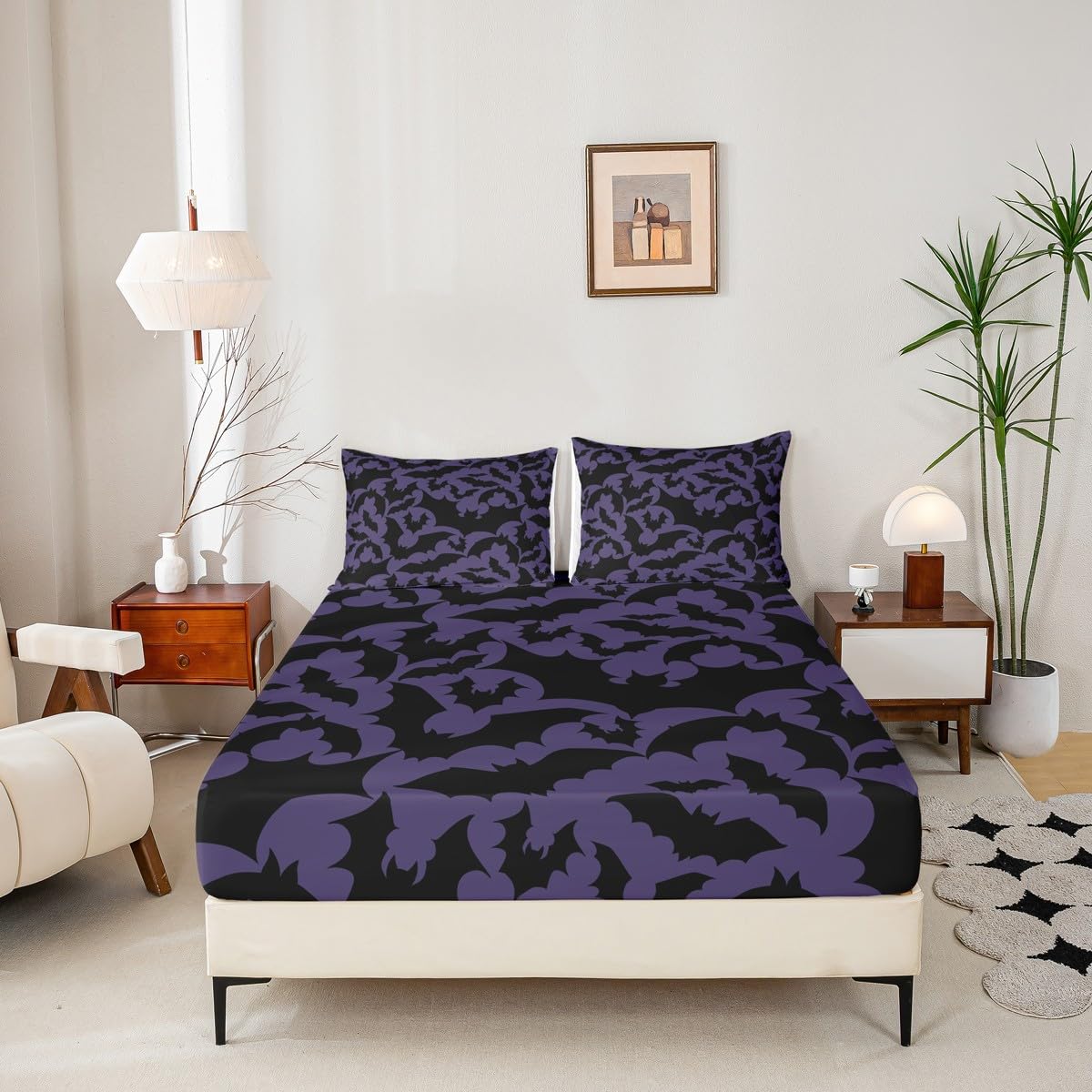 Castle Fairy Halloween Themed Full Fitted Sheet 4pcs,Black Bats Animal Print Bed Sheet Set for Girls Teens Bedroom,Dark Purple Color Polyester Bedding Set with 1 Flat + 2 Pillowcases