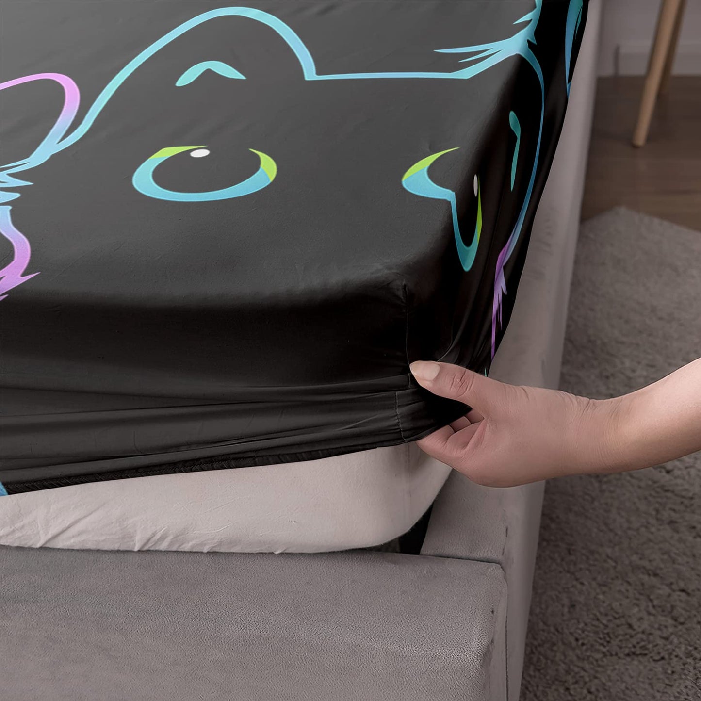 Axolotl Kids Bedding Cute Cat Sheet Set Twin Size, Gradient Line, 4Pcs Kawaii Cat Bed Sets with 1 Fitted Sheet 1 Flat Sheet 2 Pillowcases for Kids Boys Girls Adults Teens, Black