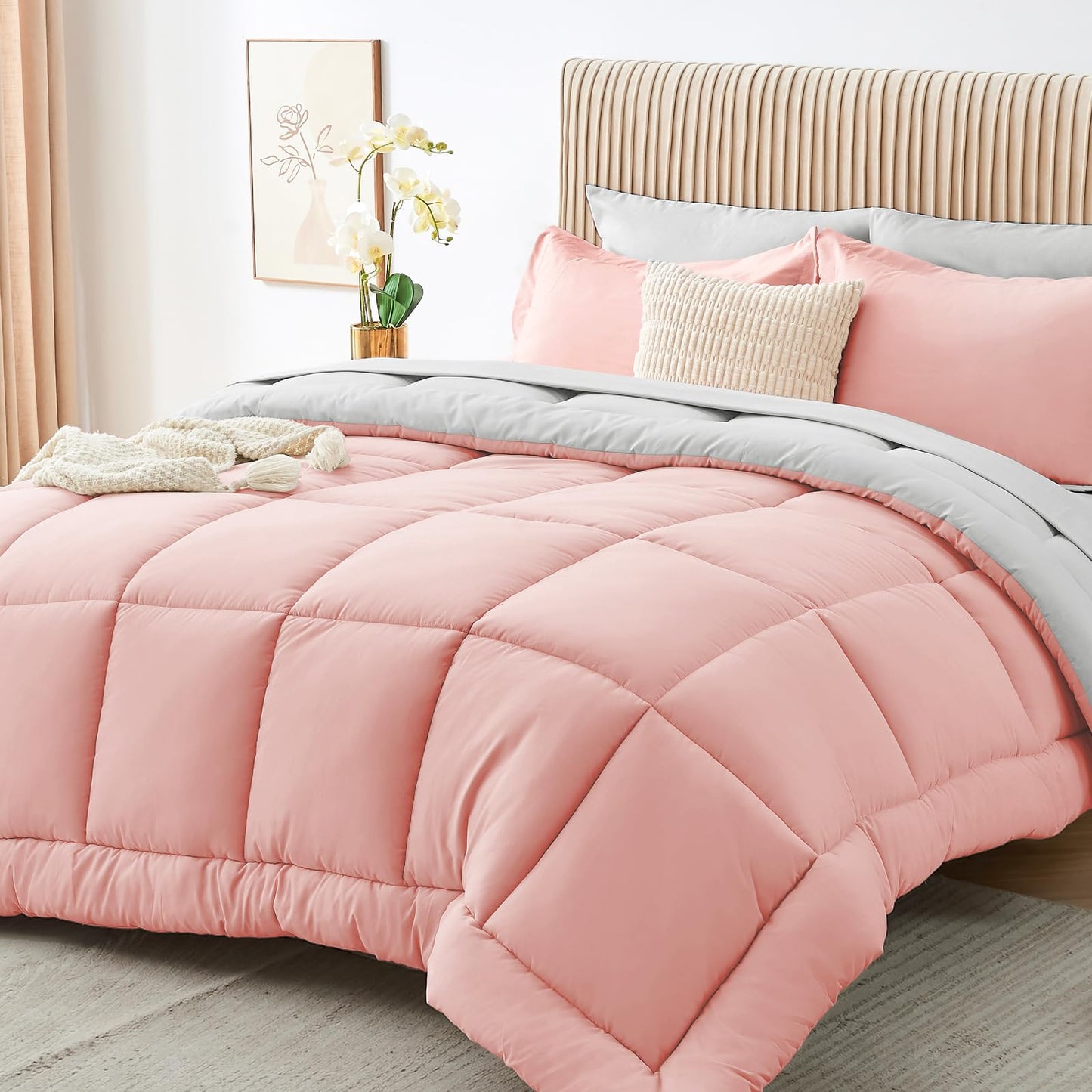 Sasttie Queen Comforter Set, 7 Pieces Reversible Bed in a Bag Queen, Complete Bedding Set Includes Comforter, Flat Sheet, Fitted Sheet, Pillowcases and Pillow Shams, Pink & Light Grey