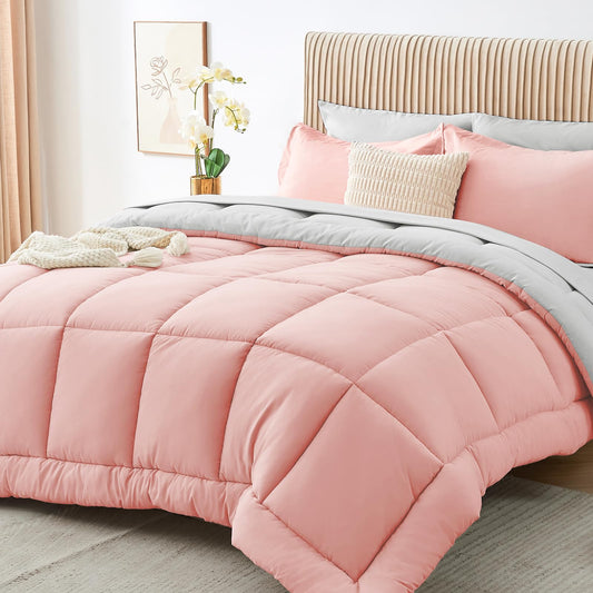 Sasttie Queen Comforter Set, 7 Pieces Reversible Bed in a Bag Queen, Complete Bedding Set Includes Comforter, Flat Sheet, Fitted Sheet, Pillowcases and Pillow Shams, Pink & Light Grey