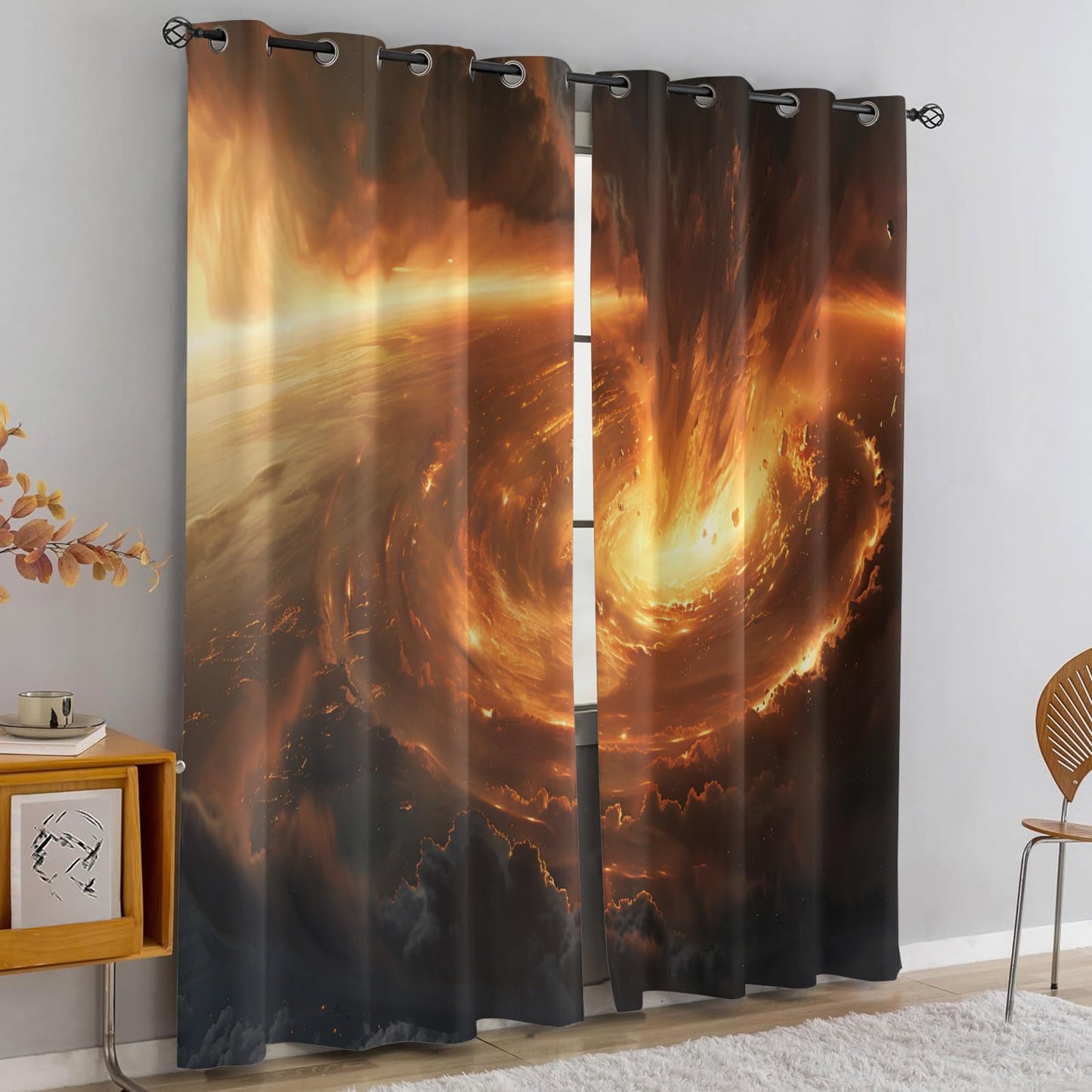 Apocalyptic Landscape Blackout Curtains, Flame Vortex Curtains for Living Room, Fantasy Landscape Black Out Bedroom Curtain Thermal Insulated Grommet Drapes 2 Panels, for Boys Room 31.5"W x 63"L x2