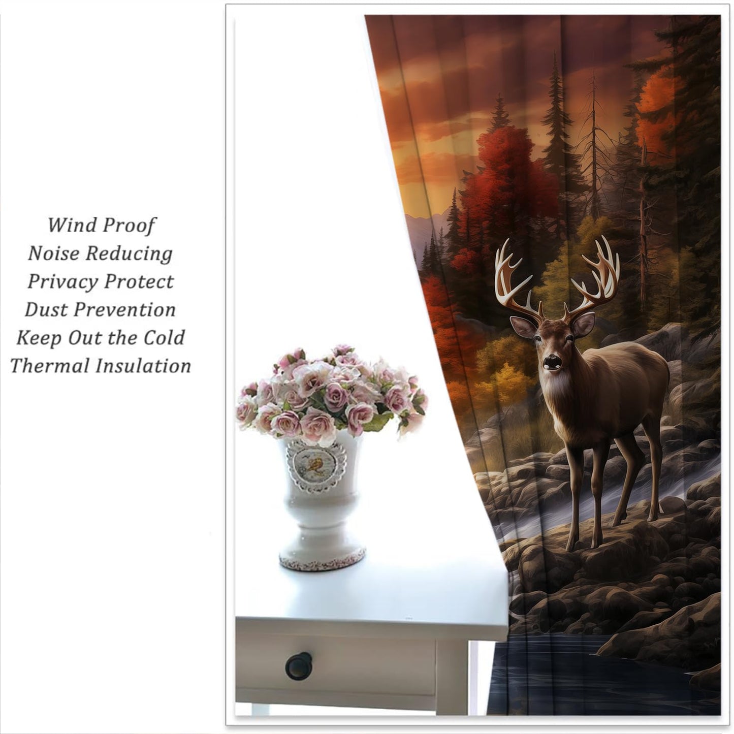 Rustic Cabin Deer Boy Girls Blackout Curtains, Western Sunset Farm Country Farmhouse Elk Lodge 2 Panel Rod Pocket Thermal Insulated Drapes, for Kids Room Bedroom Living Room Home Decor 42x45 inch