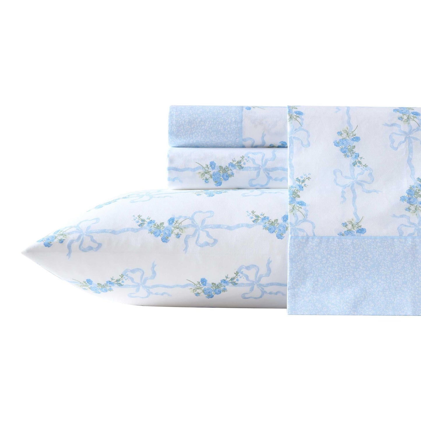 Laura Ashley - King Sheet Set, Soft & Breathable Cotton Percale Bedding with Deep Pocket, 200 Thread Count, Bed Sheets with Fitted Sheet & Matching Pillowcases (Floral Ribbon Blue)