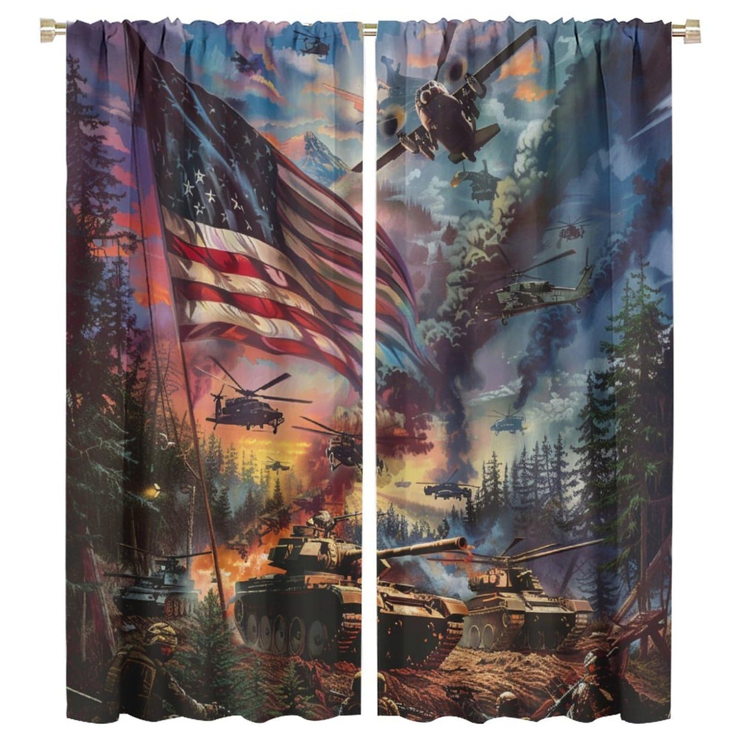 TOWINSFB Military War Theme Blackout Curtains, USA Tank Plane American Soldier Home Decor Rod Pocket Window Drapes for Living Room Bedroom - 42" W x 45" L