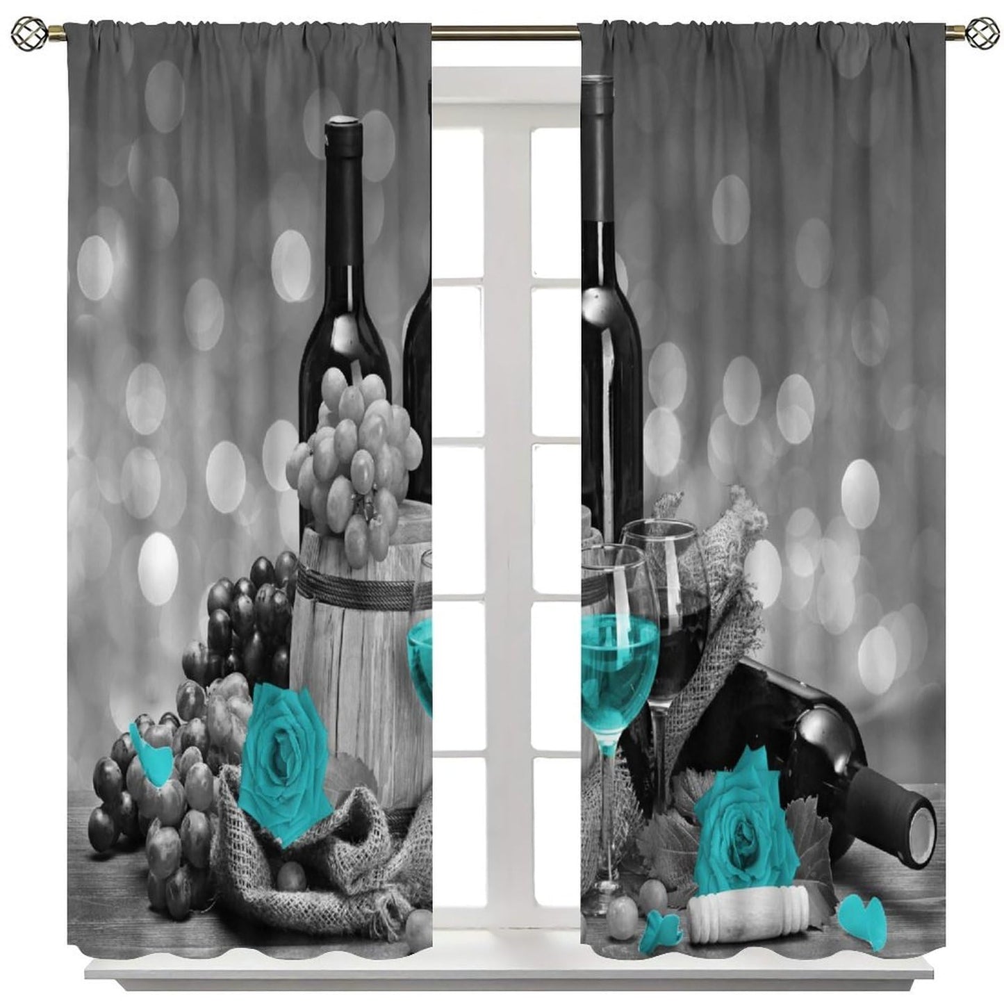 Teal Rose Kitchen Curtains Turquoise Wine Floral Grapes Theme Valentine Romantic Vintage Style Art Printed Blackout Rod Pocket Curtains Bedroom Living Room Window Drapes 2 Panels 42x45 Inch