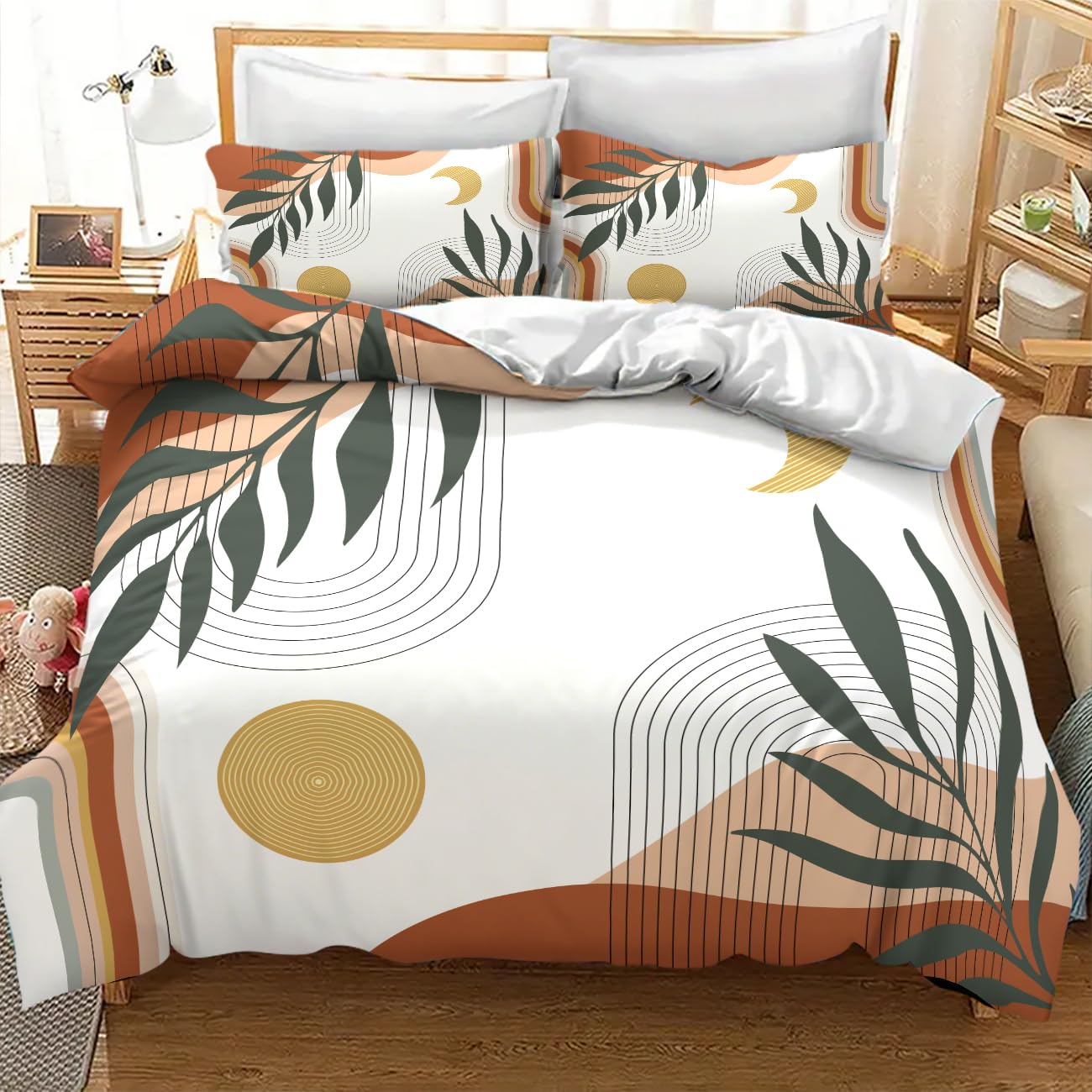 Lnepty Boho Leaf Bedding Set,Mid Century Palm Tropical Leaf Abstract Geometric Modern Minimalism Comforter Set with Pillowcase for Bedroom Bed Decor，Twin 86"x70"