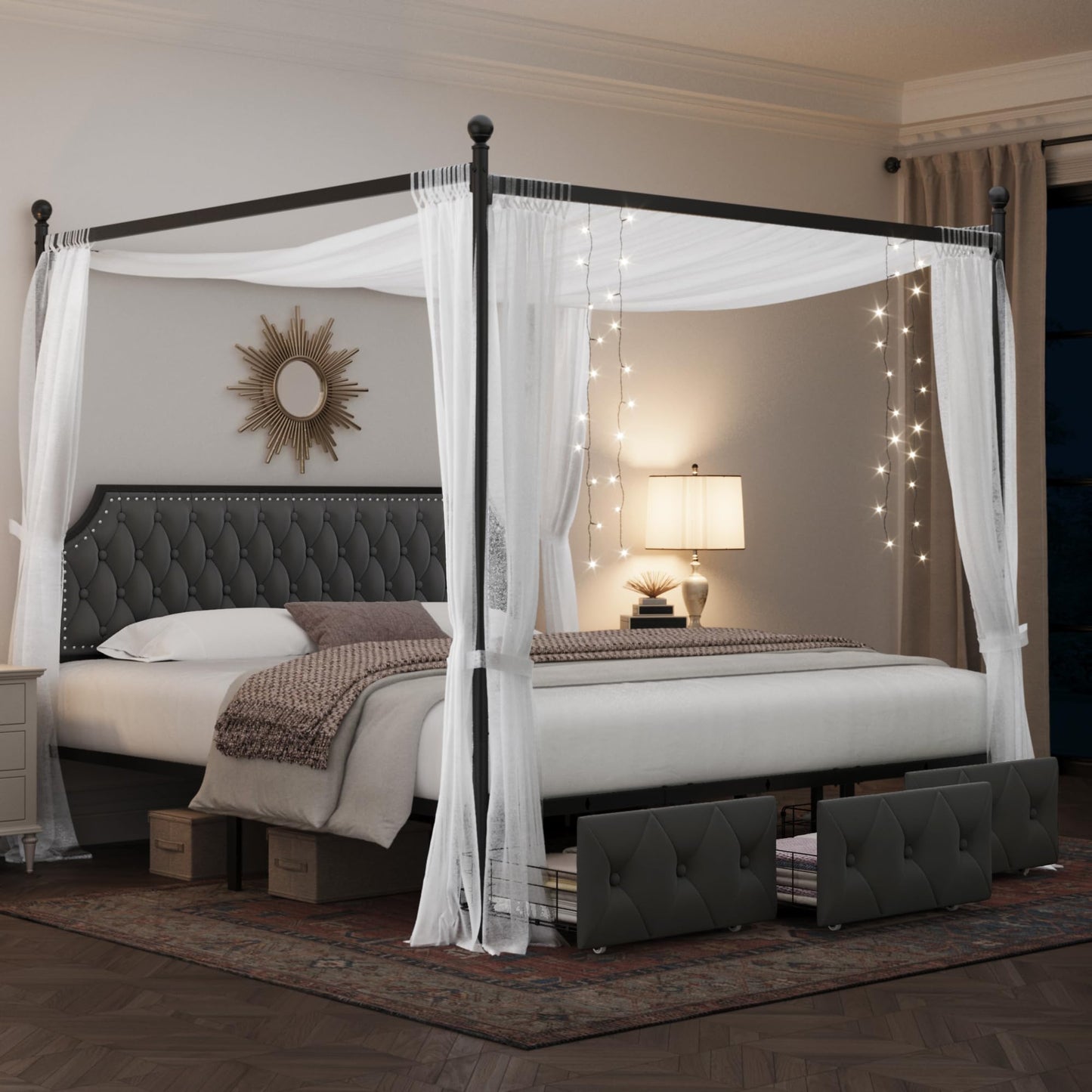 Keyluv King Upholstered Canopy Bed Frame with 3 Storage Drawers & Button Tufted Headboard, Metal Platform Bed with 4 Removable Posts, Two-Purpose Velvet Bed, Dark Grey/Curtain Not Included