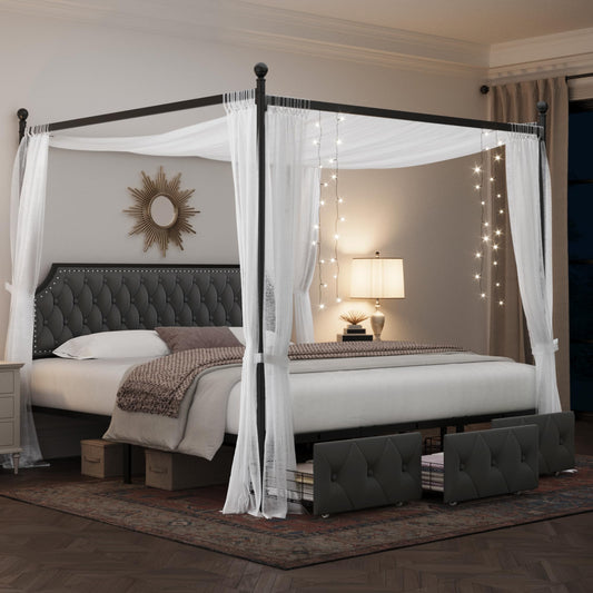 Keyluv King Upholstered Canopy Bed Frame with 3 Storage Drawers & Button Tufted Headboard, Metal Platform Bed with 4 Removable Posts, Two-Purpose Velvet Bed, Dark Grey/Curtain Not Included