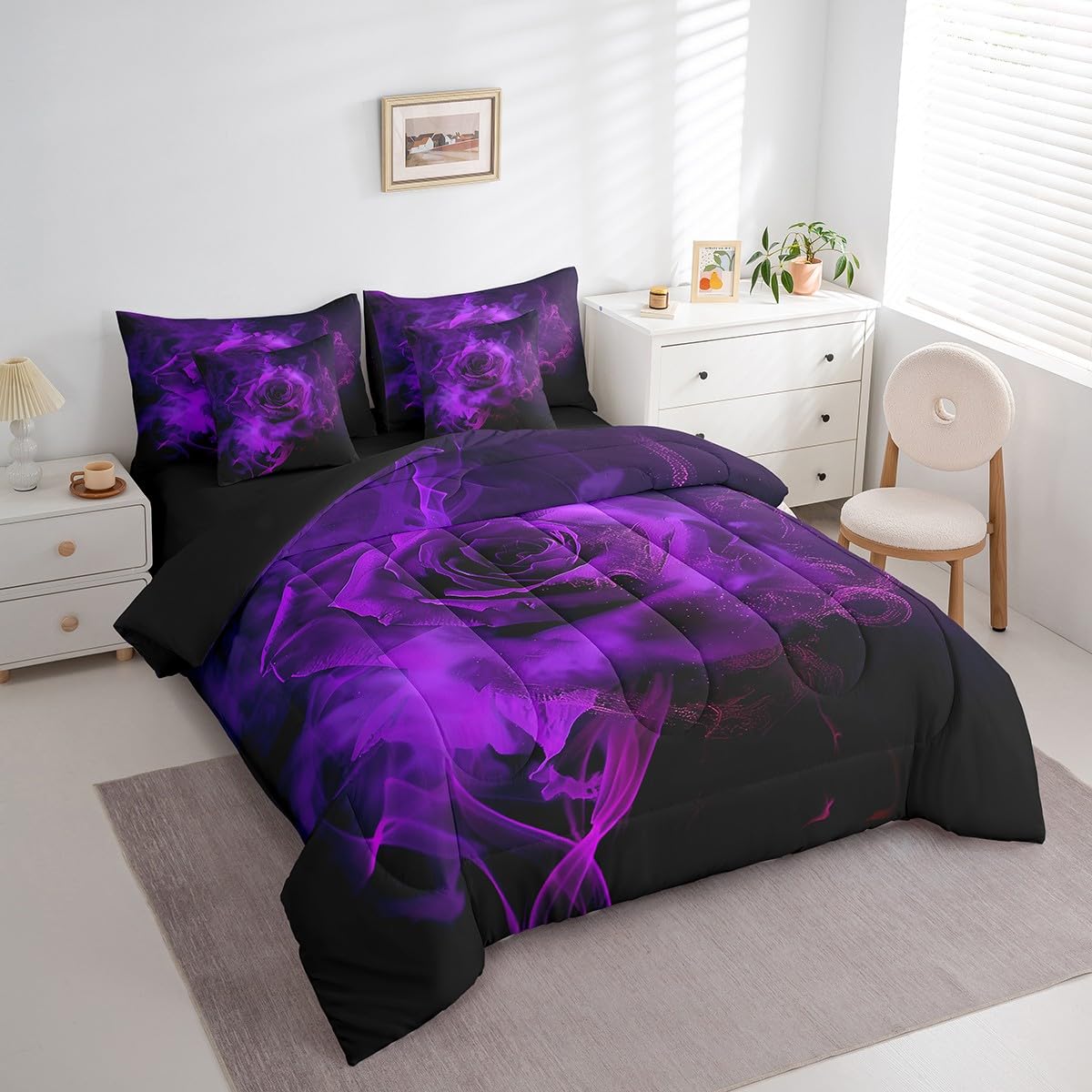 Erosebridal Purple Rose Floral 7 Pcs Comforter Set Full,Ombre Rose Black Gray Bedding Set,Valentine's Day Bed in a Bag,Trippy Botanical Flower Blossom Sheet Set Romantic Bedroom Decor