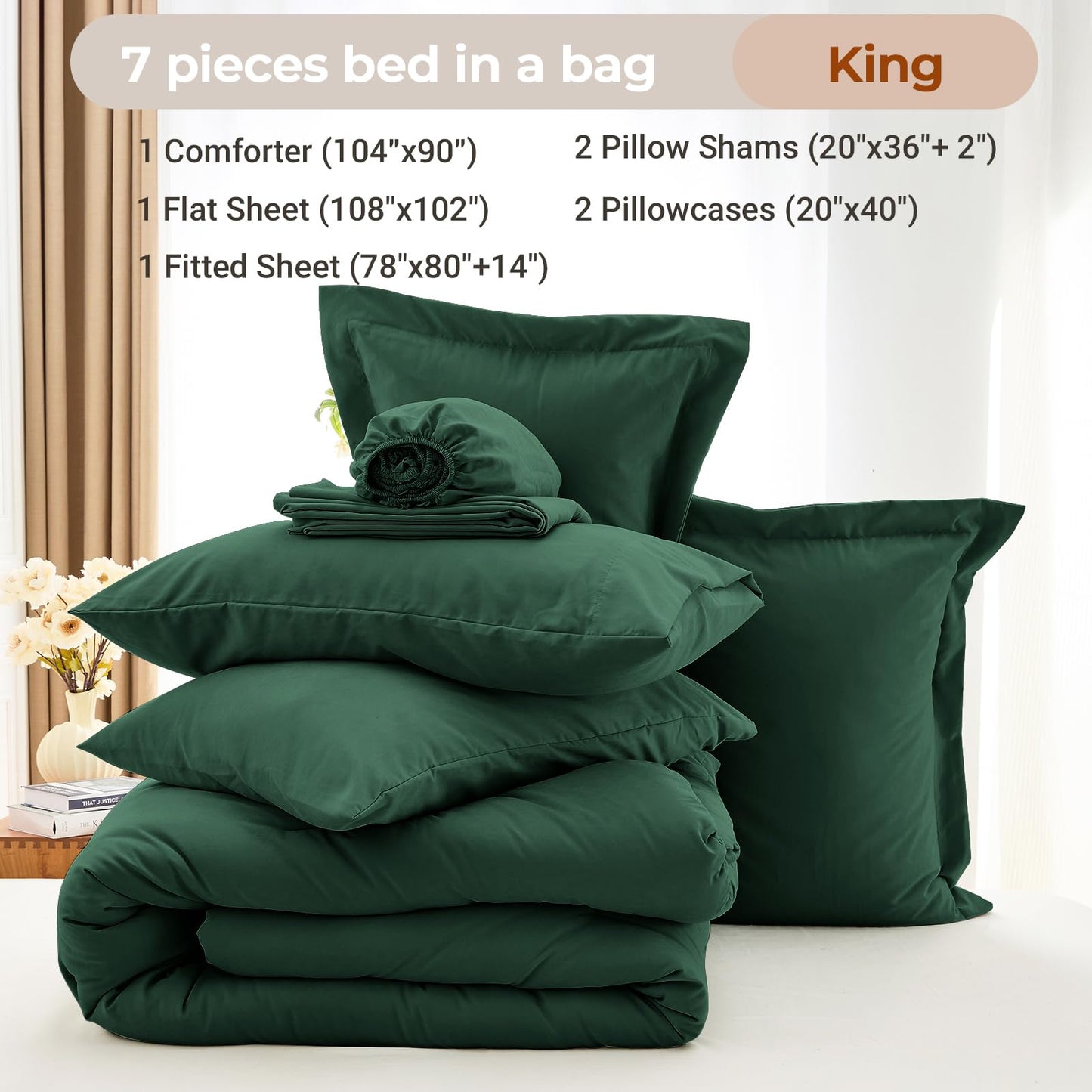 MUXHOMO 7 Pieces King Comforter Set, Soft Bed in a Bag King Size, All Season Bedding Set with Comforter, Flat Sheet, Fitted Sheet, Pillowcases & Shams, Dark Emerald Green