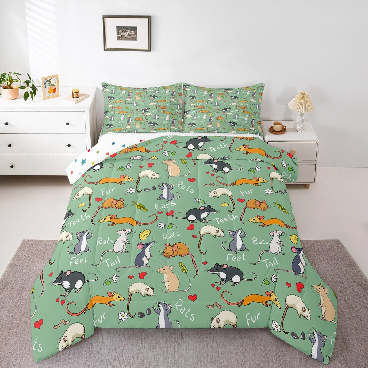 Erosebridal Kids Rat Comforter Set, Mouse Rodents Bedding Set Twin Size, Funny Animal Love Heart Duvet Sets for Boys Girls Children Bedroom, Cartoon Style Duvet Insert Decorative Room, Green