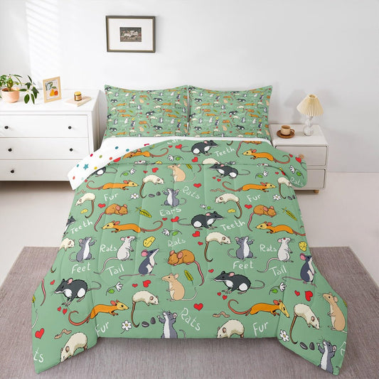 Erosebridal Kids Rat Comforter Set, Mouse Rodents Bedding Set Twin Size, Funny Animal Love Heart Duvet Sets for Boys Girls Children Bedroom, Cartoon Style Duvet Insert Decorative Room, Green