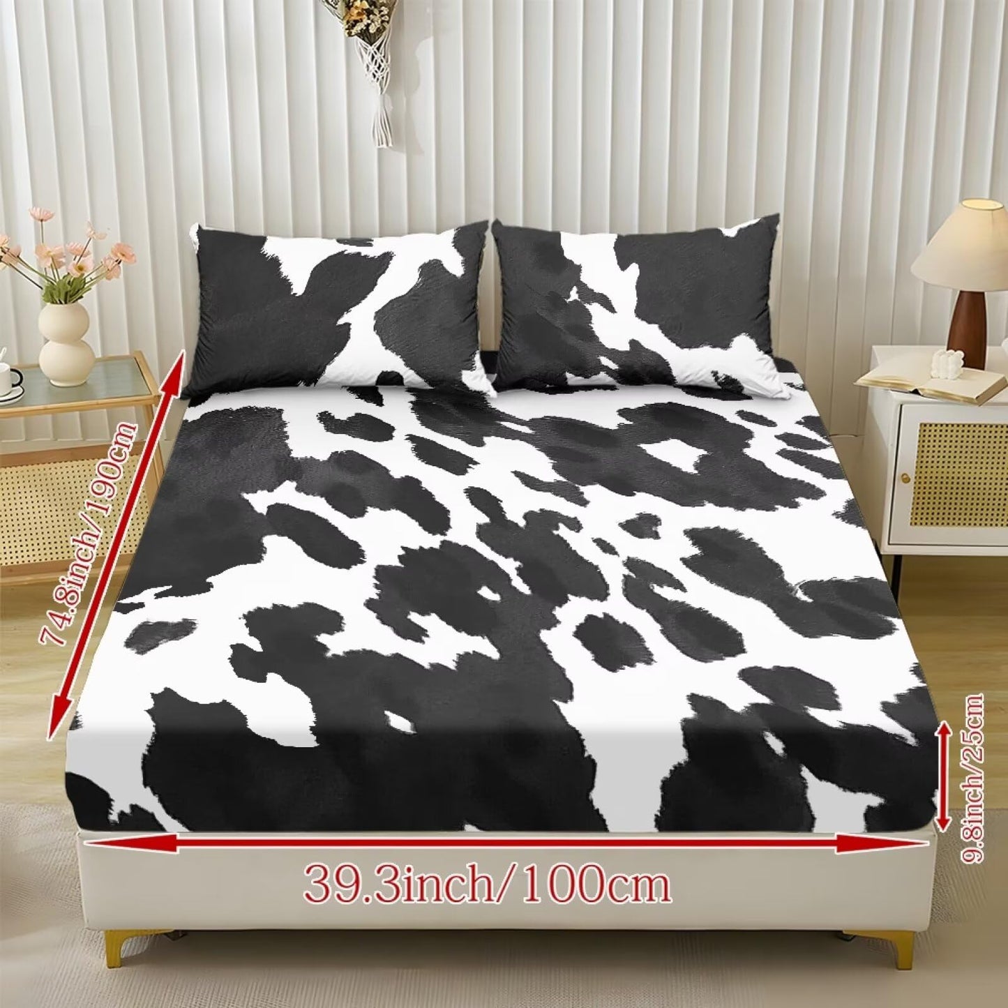 ZDCUSTOM Cow Print Sheet Sets of 3 Twin XL Size Soft Classic Fitted Sheet with 2 Pillowcases Easy Care Non-Slip Bedsheet for Twin XL Size Bed Stylish, 39" x 79"