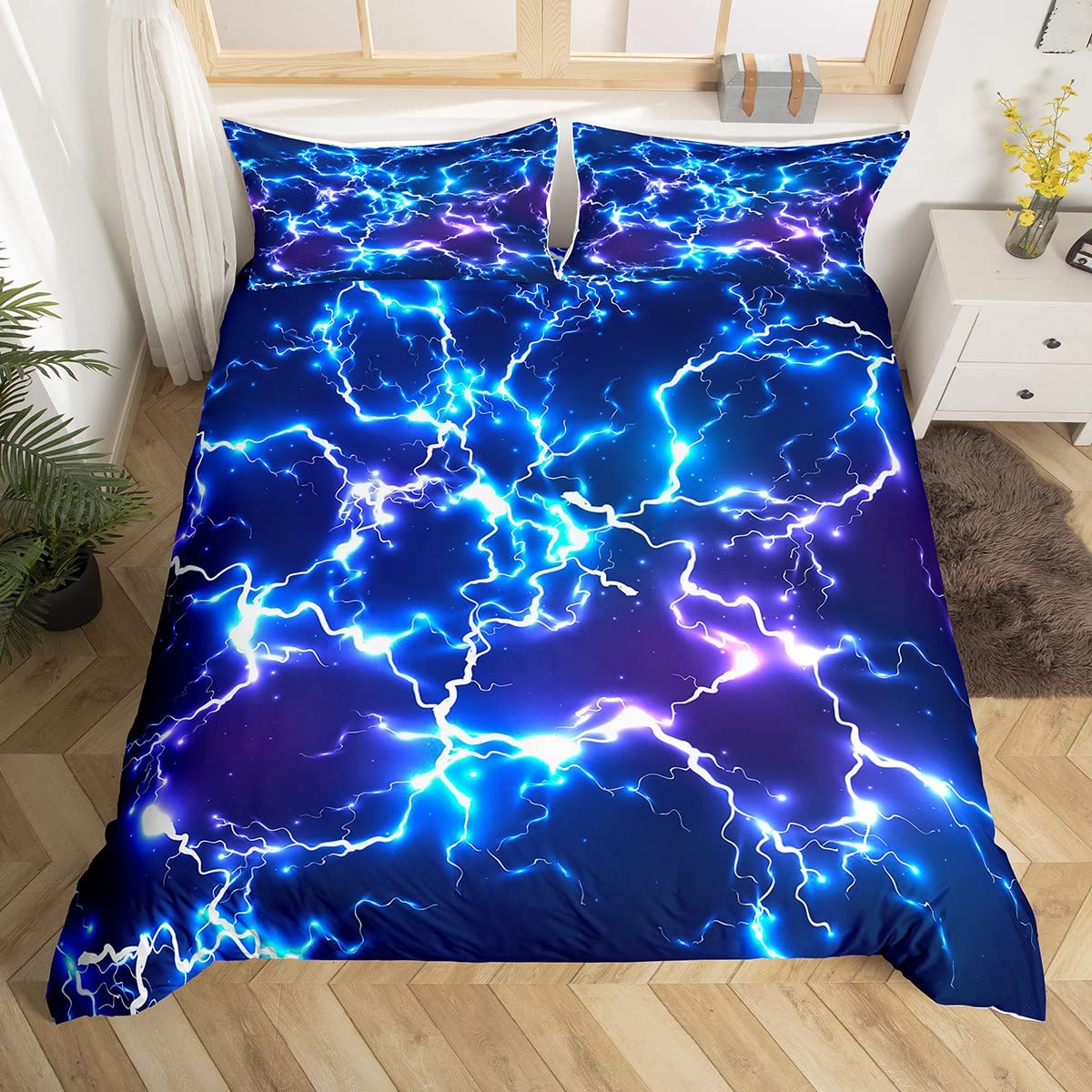 Neon Blue Lightning Strike Duvet Cover King,Game Lightning Bedding Set 3pcs for Kids Boys Teens Gamer Room Decor,Fashion 3D Shiny Comforter Cover Modern Gaming Cool Quilt Cover with 2 Pillowcases