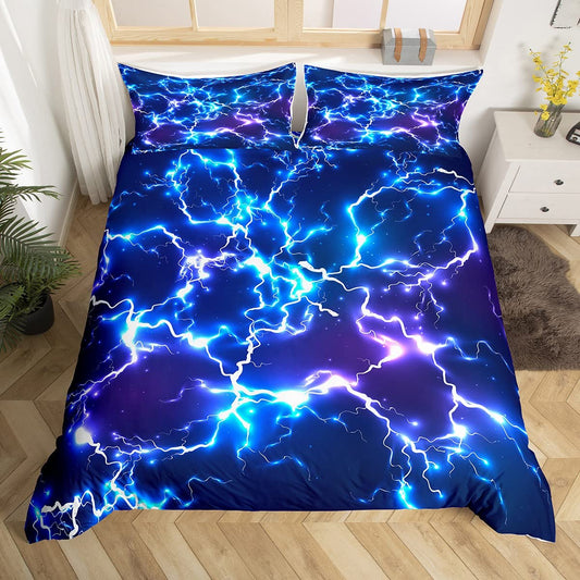 Neon Blue Lightning Strike Duvet Cover King,Game Lightning Bedding Set 3pcs for Kids Boys Teens Gamer Room Decor,Fashion 3D Shiny Comforter Cover Modern Gaming Cool Quilt Cover with 2 Pillowcases