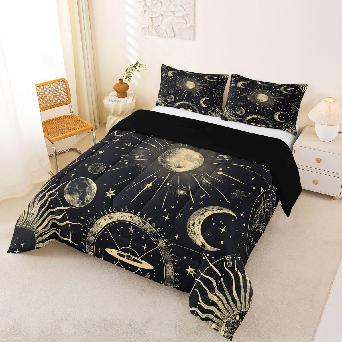 Erosebridal Bohemian Sun Moon Comforter Set, Constellation Down Comforter King Size, Starry Sky Quilted Duvet, Exotic Style Black Room Decor Duvet Insert,Super Soft Breathable Bedding Set