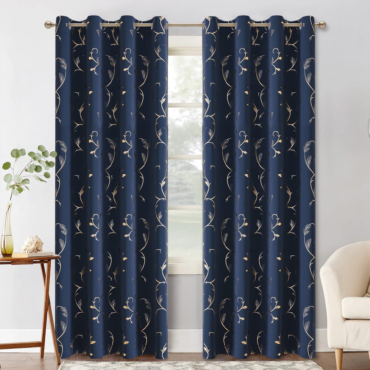 BUHUA Blackout Curtains Gold Foil Print Flower Vine Grommet Drapes, Room Darkening Thermal Insulated Curtains for Bedroom, Navy Blue, 52Wx96L, 2 Panels