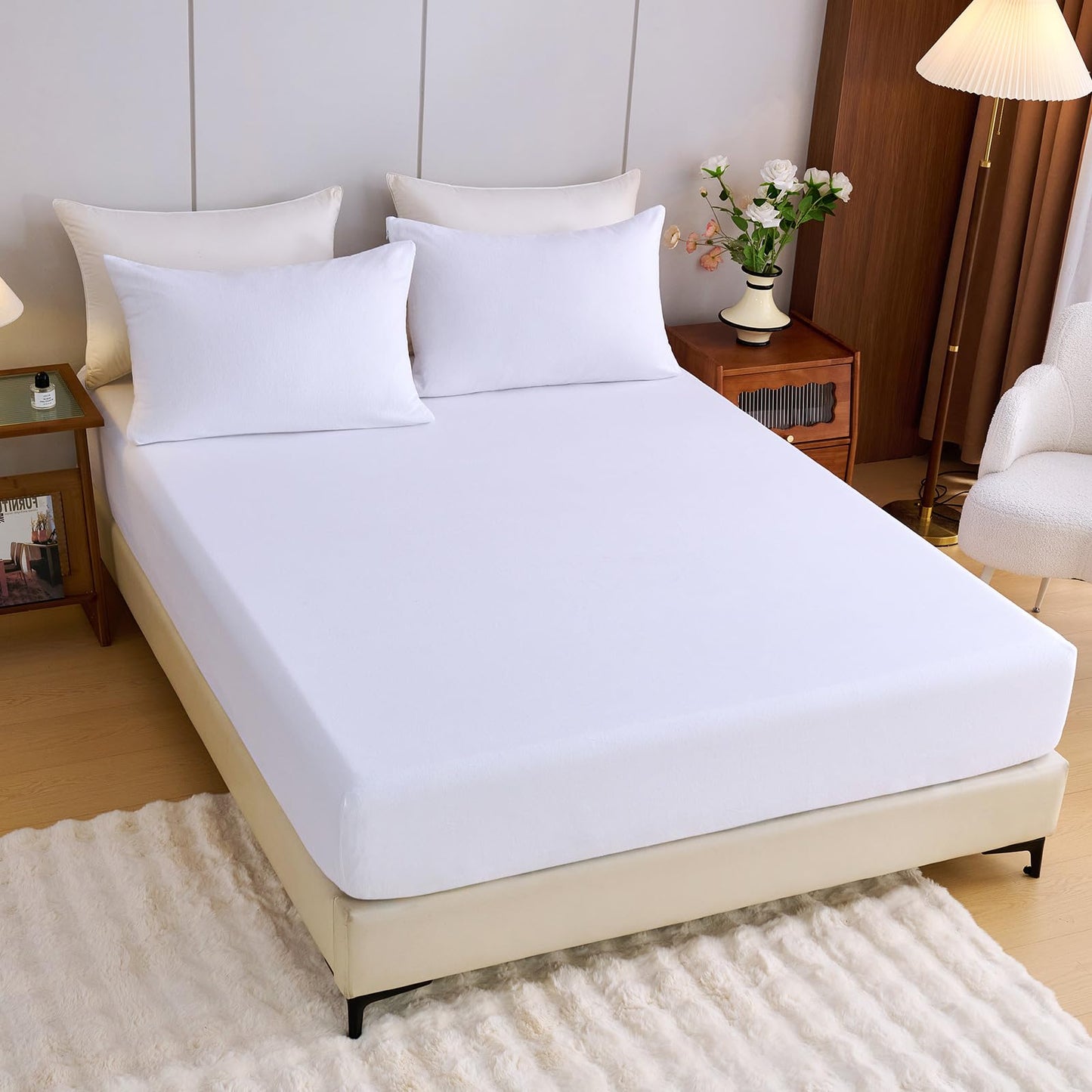LANYETON 100% Cotton Flannel Fitted Sheet Only, Ultra Soft Cozy Warm Fitted Bottom Sheet for All Season, 16" Deep Pocket, White, King