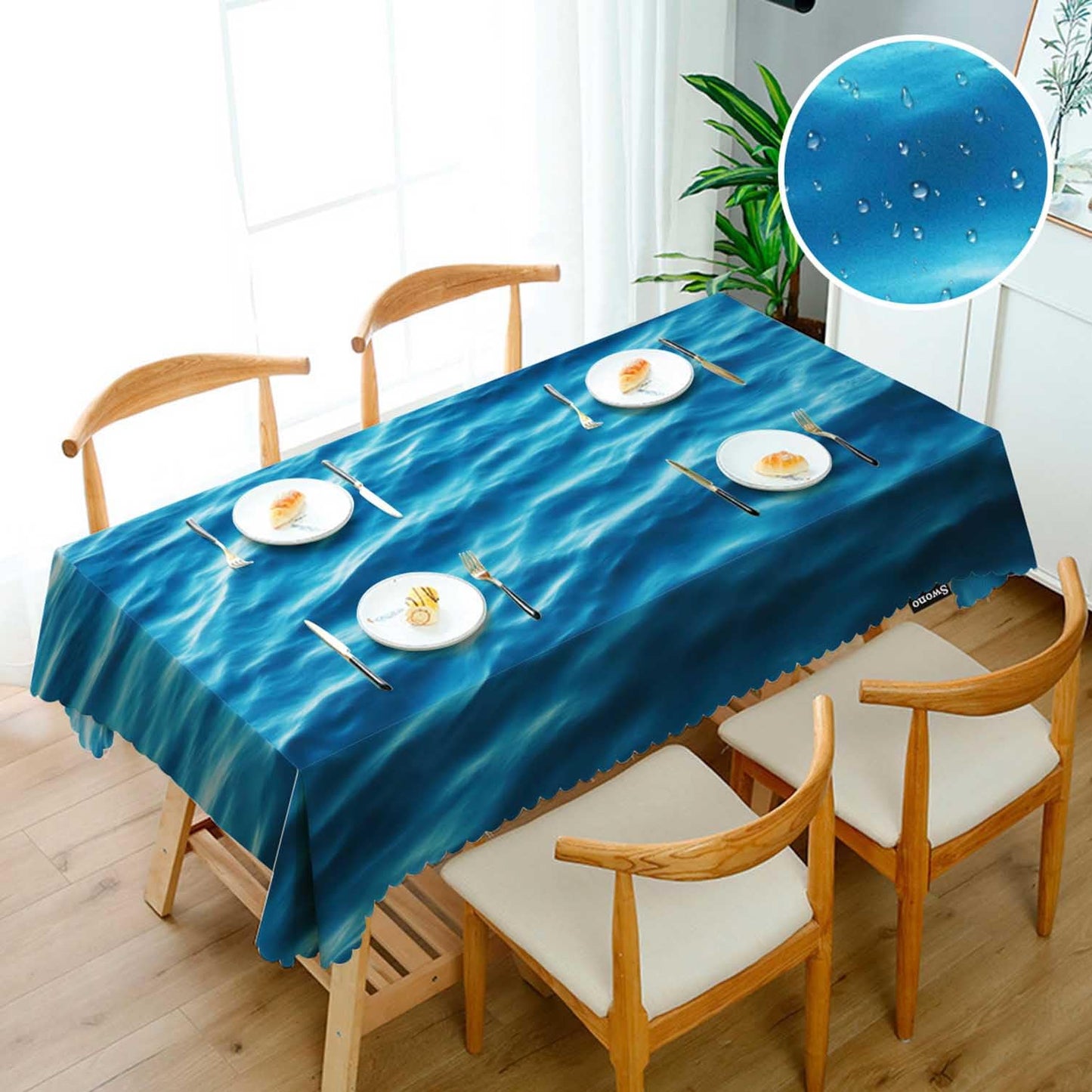 Swono Ocean Waves Table Covers 52x70 Inch Tropical Blue Ocean Waves Seawater Flow Wipeable Tablecloth Kitchen Dinning Tabletop Decoration, Table Cloth for Outdoor and Indoor Use