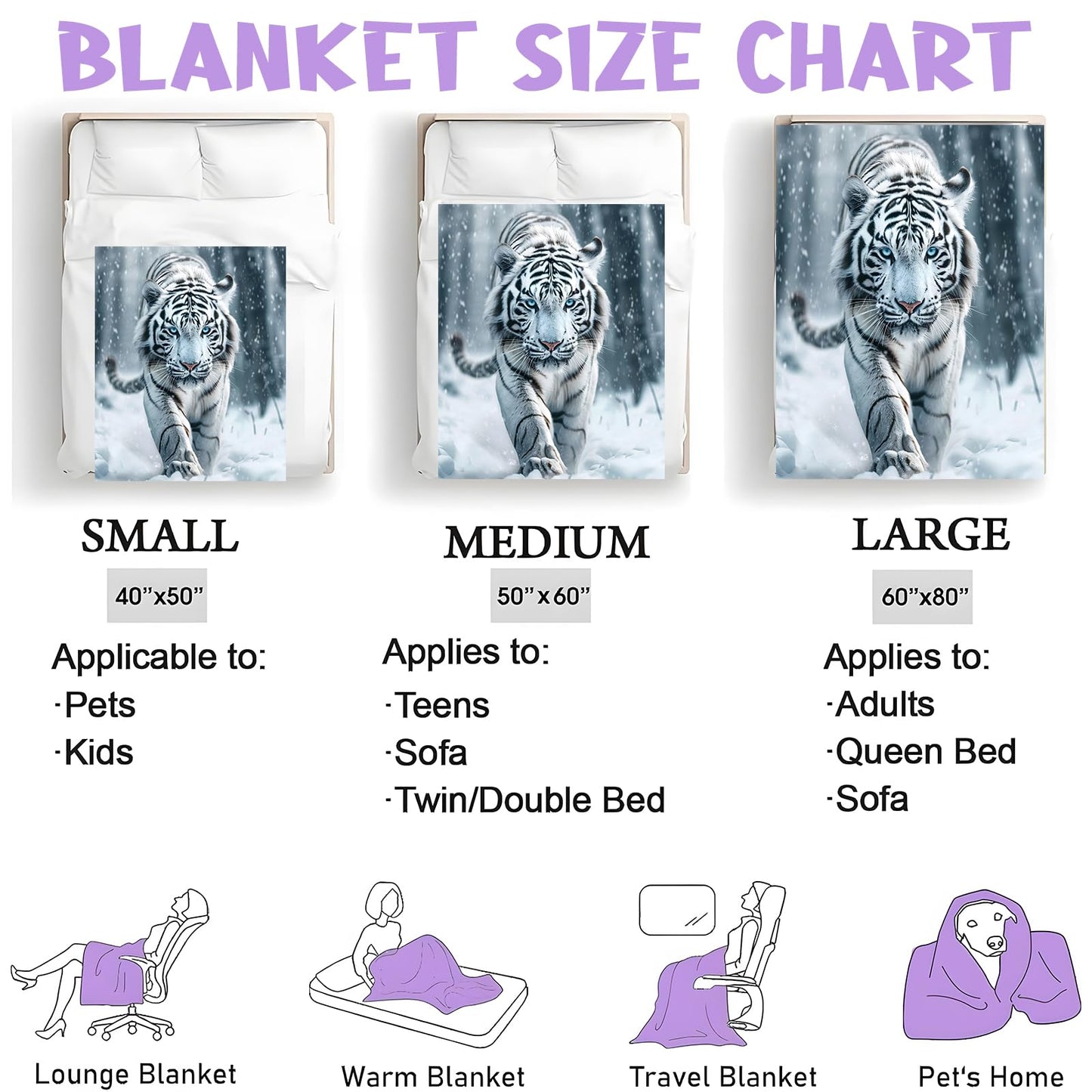 White Tiger Throw Blanket for Boys Girls Kids Adults, Cozy Snow Jungle Big Cat Theme Flannel Blankets Gifts for Camping, Bedroom, Couch, Room Home Decor, 50"x60"
